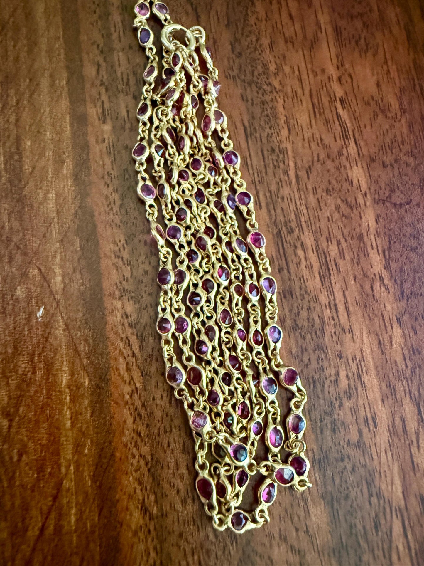 Vintage 88 Natural Ruby Pink Purple Sapphires Bezel Set Eternity Station Chain 14k Gold Necklace 24.5" Long Neckstack
