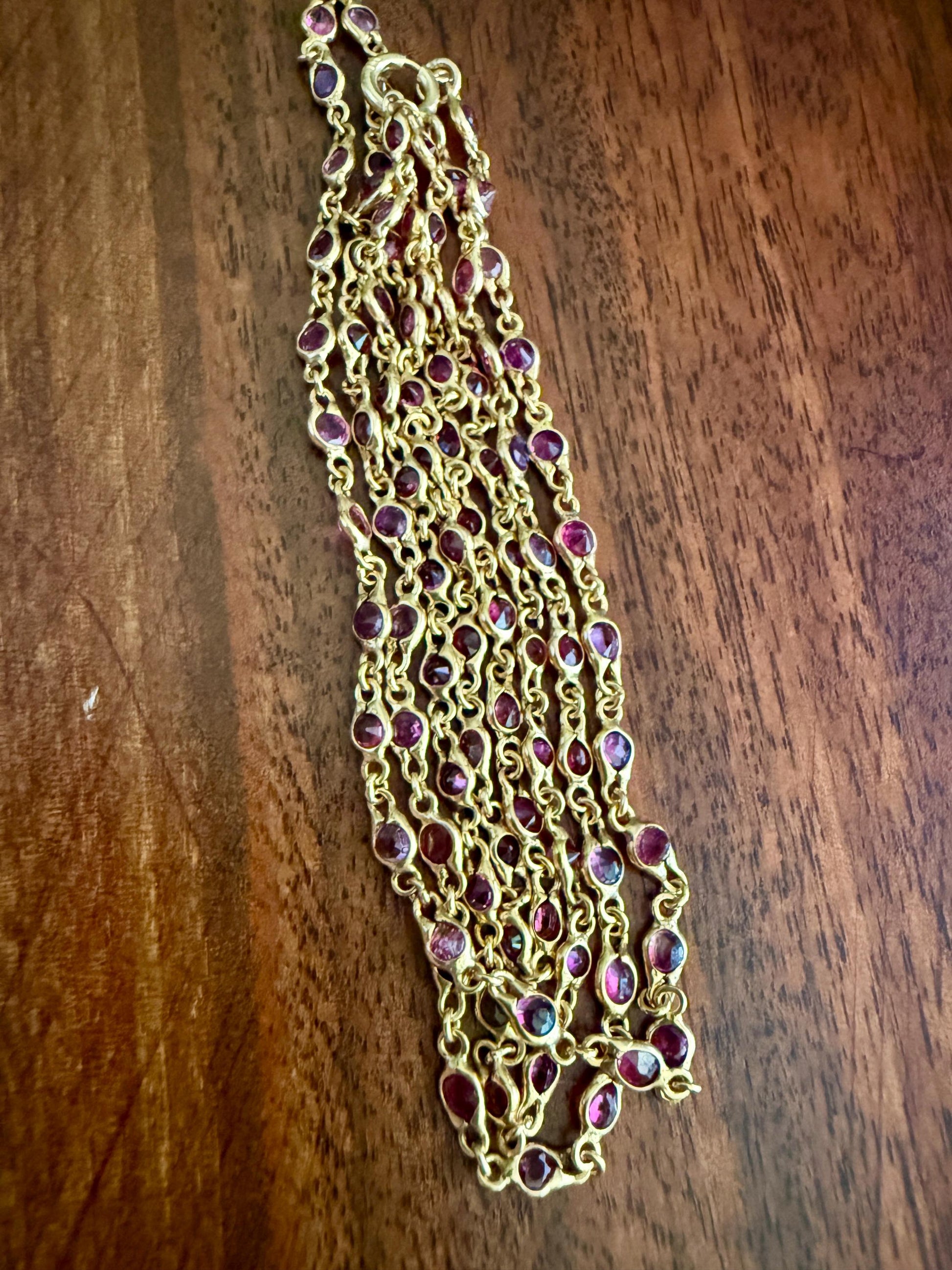 Vintage 88 Natural Ruby Pink Purple Sapphires Bezel Set Eternity Station Chain 14k Gold Necklace 24.5" Long Neckstack