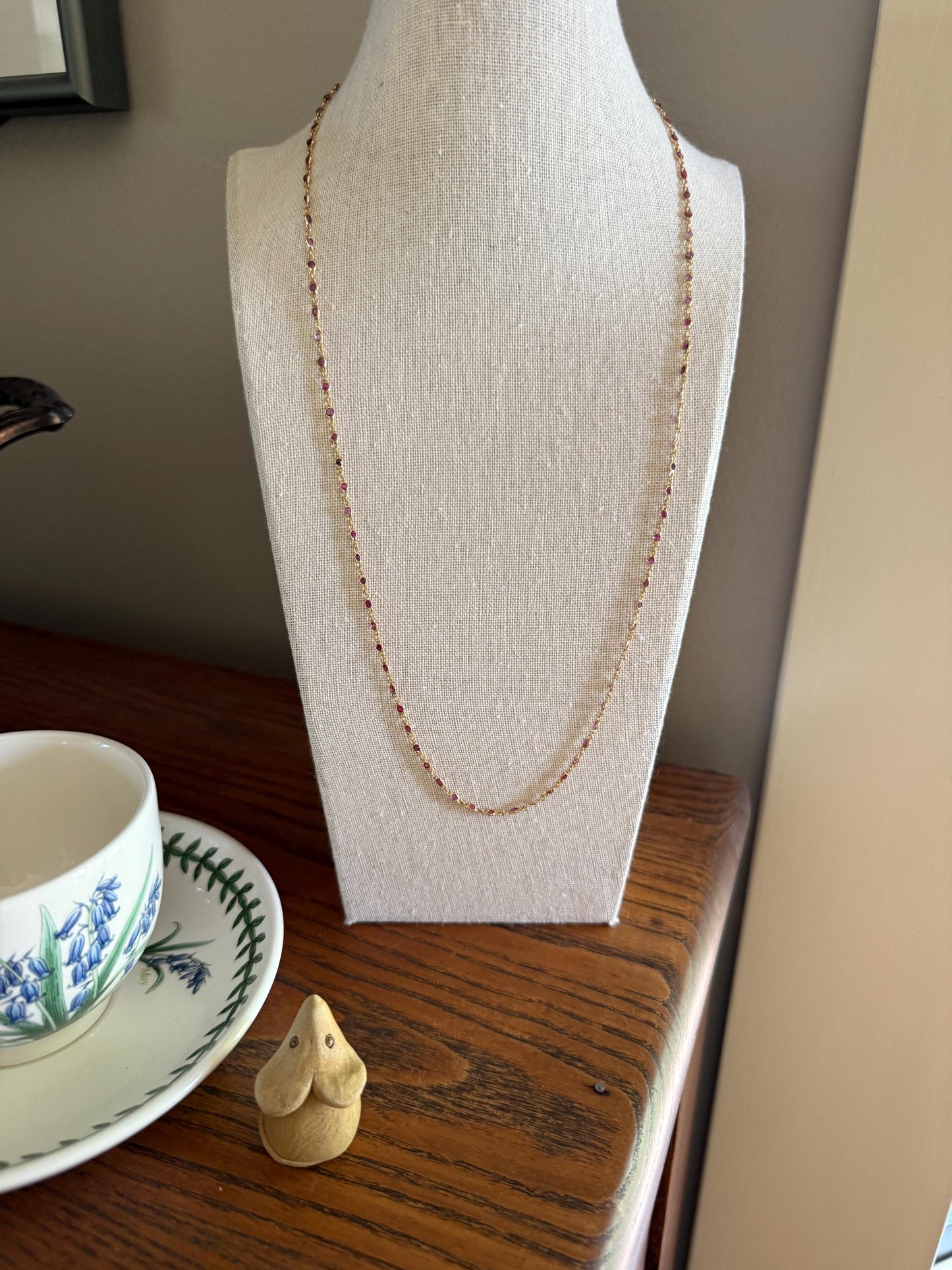 Vintage 88 Natural Ruby Pink Purple Sapphires Bezel Set Eternity Station Chain 14k Gold Necklace 24.5" Long Neckstack