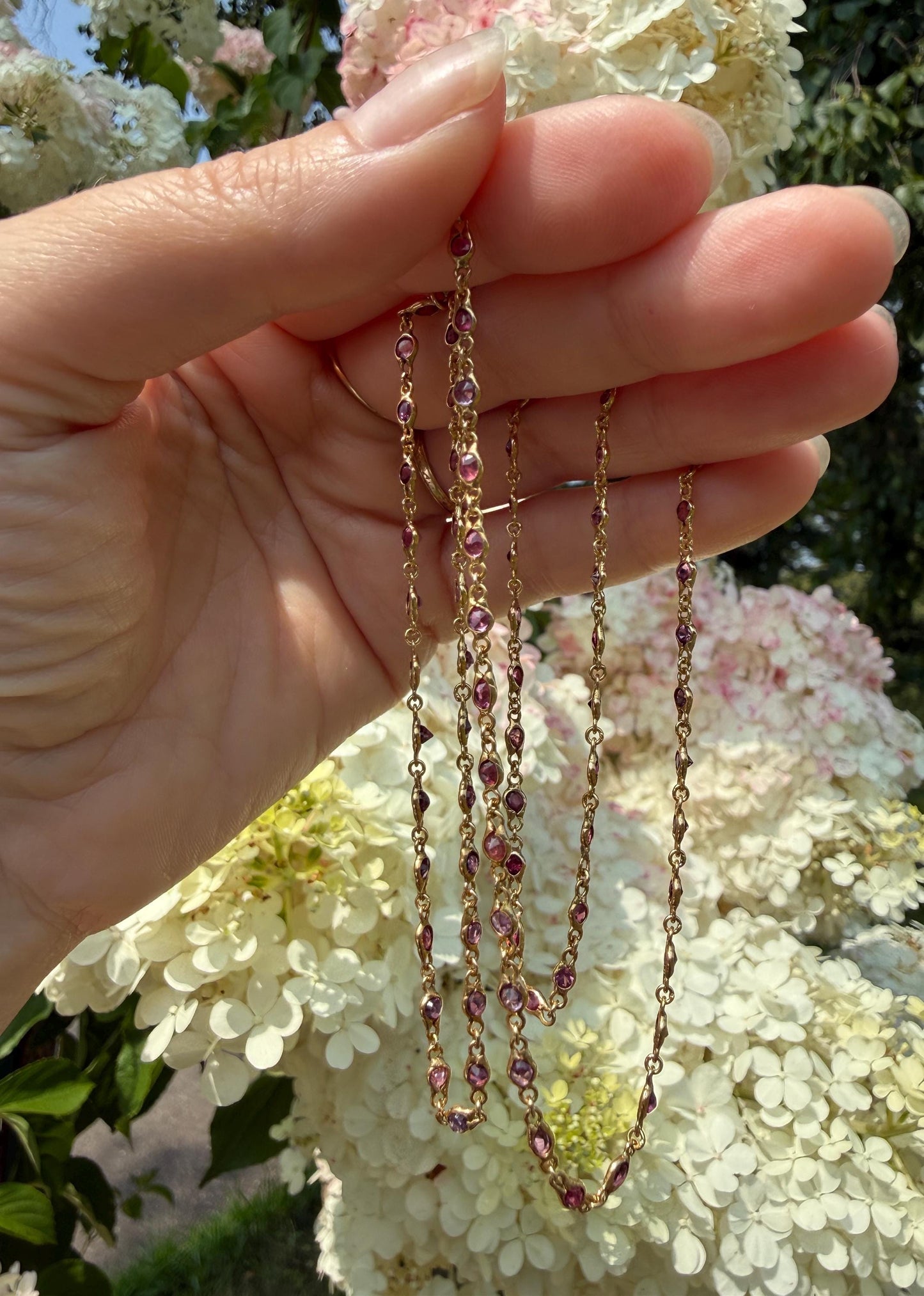 Vintage 88 Natural Ruby Pink Purple Sapphires Bezel Set Eternity Station Chain 14k Gold Necklace 24.5" Long Neckstack
