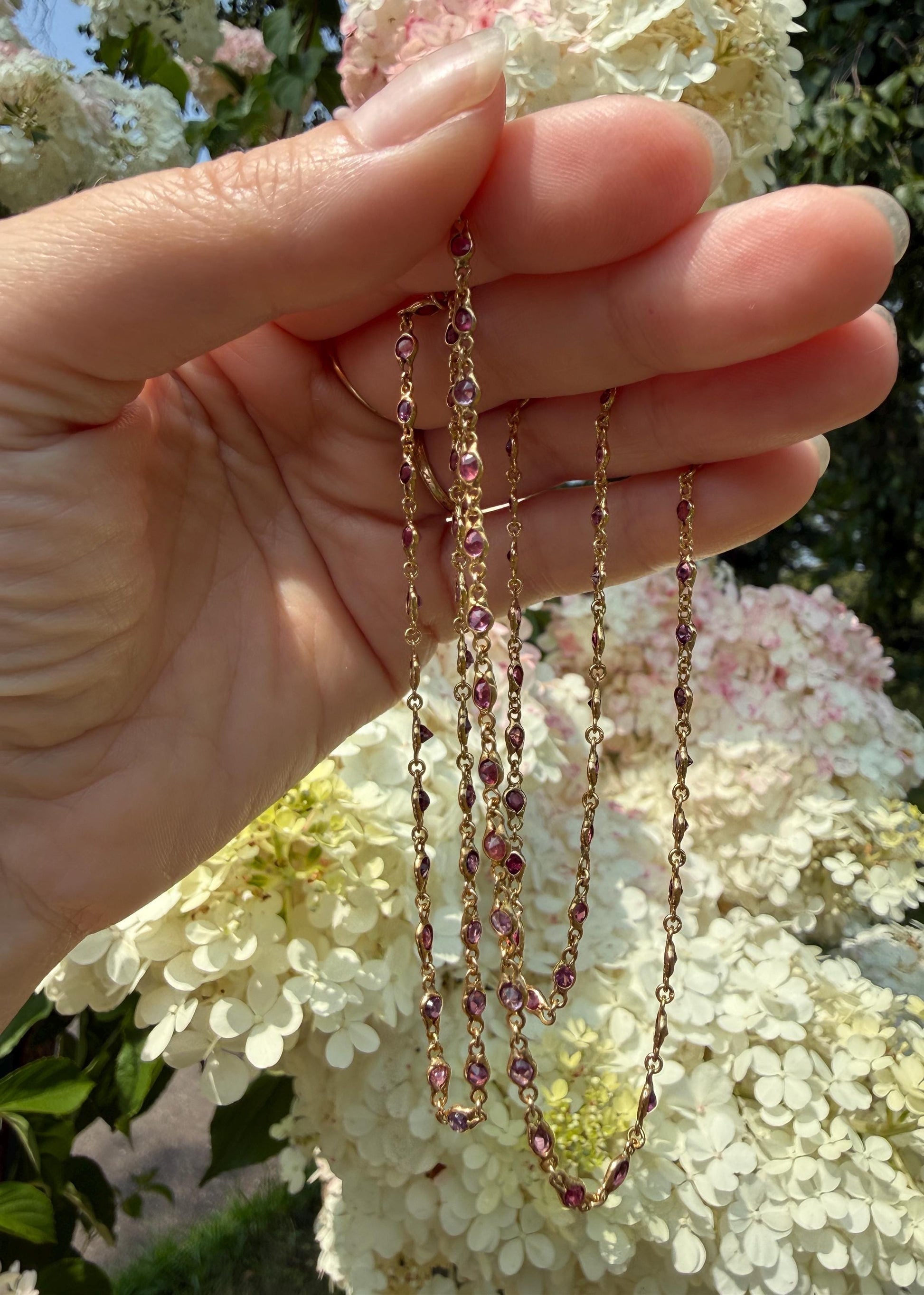 Vintage 88 Natural Ruby Pink Purple Sapphires Bezel Set Eternity Station Chain 14k Gold Necklace 24.5" Long Neckstack