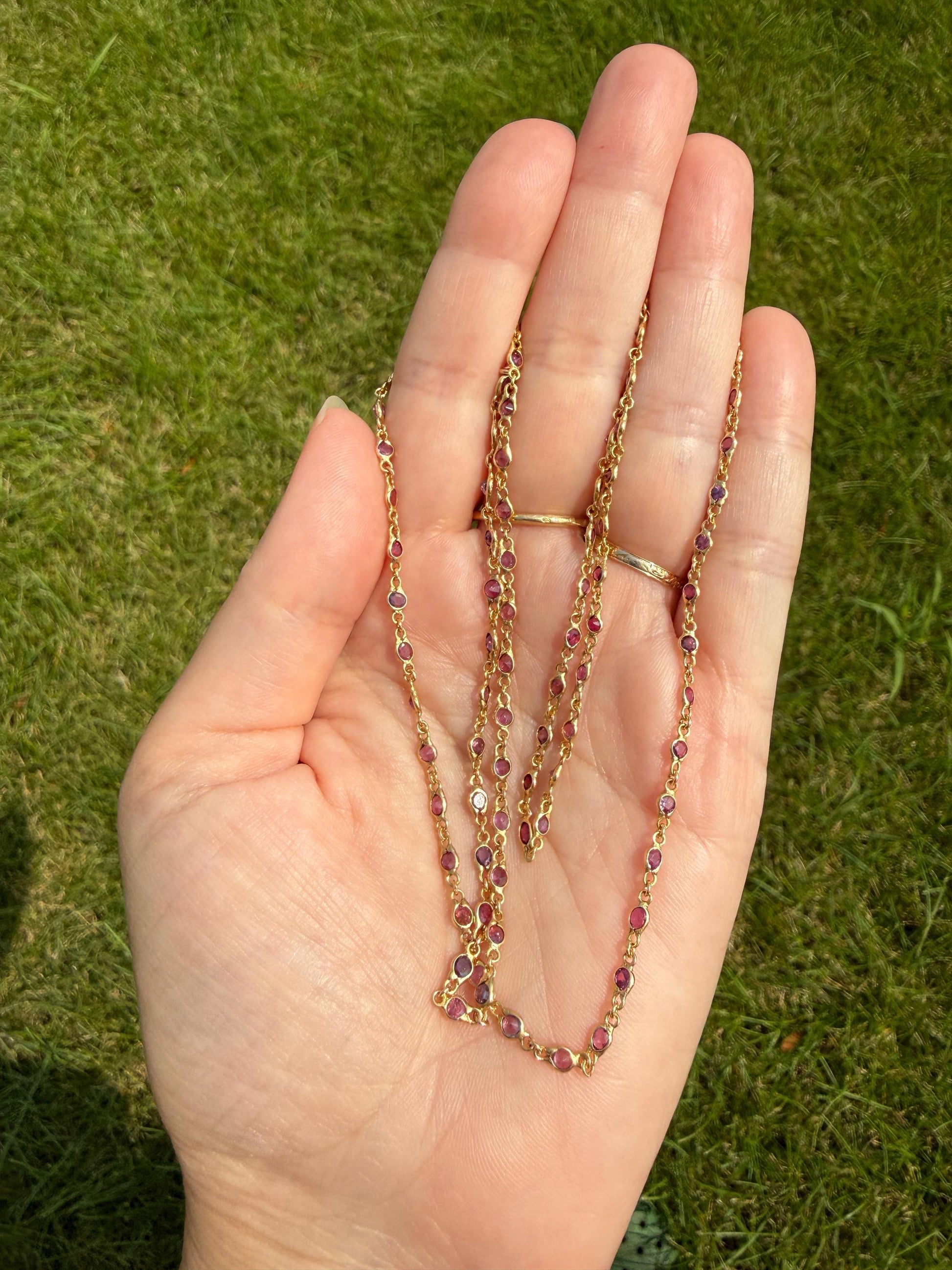 Vintage 88 Natural Ruby Pink Purple Sapphires Bezel Set Eternity Station Chain 14k Gold Necklace 24.5" Long Neckstack
