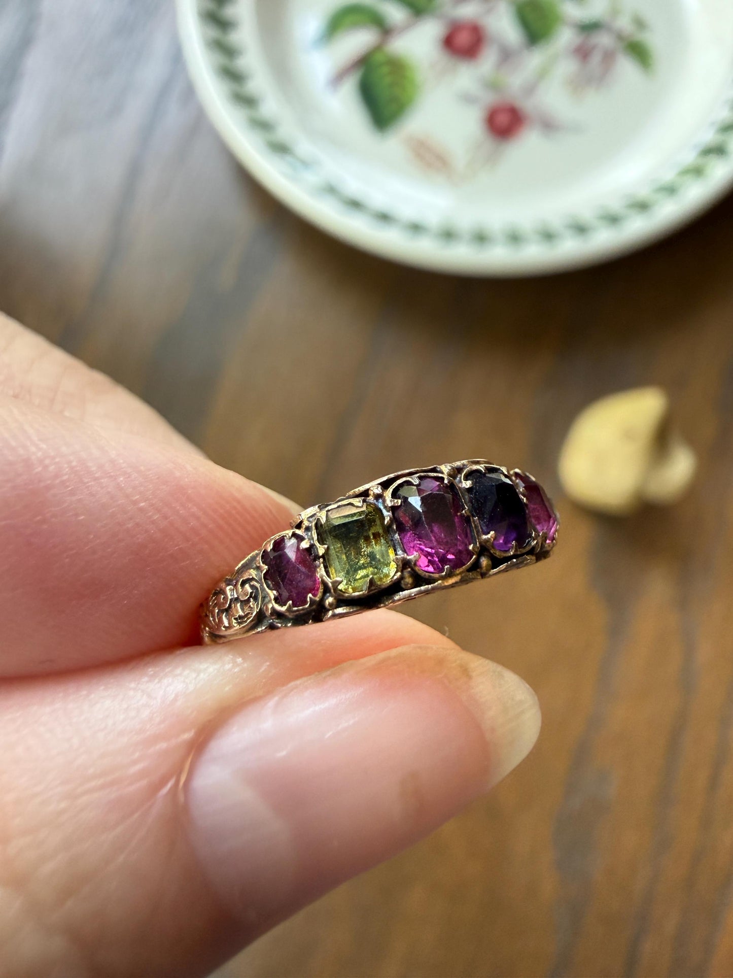 REGARD Antique Victorian Acrostic Ring 14k Gold Ruby Emerald Garnet Amethyst Rose Cut Diamond Band Ornate Stacker Engraved 1800s Love Token