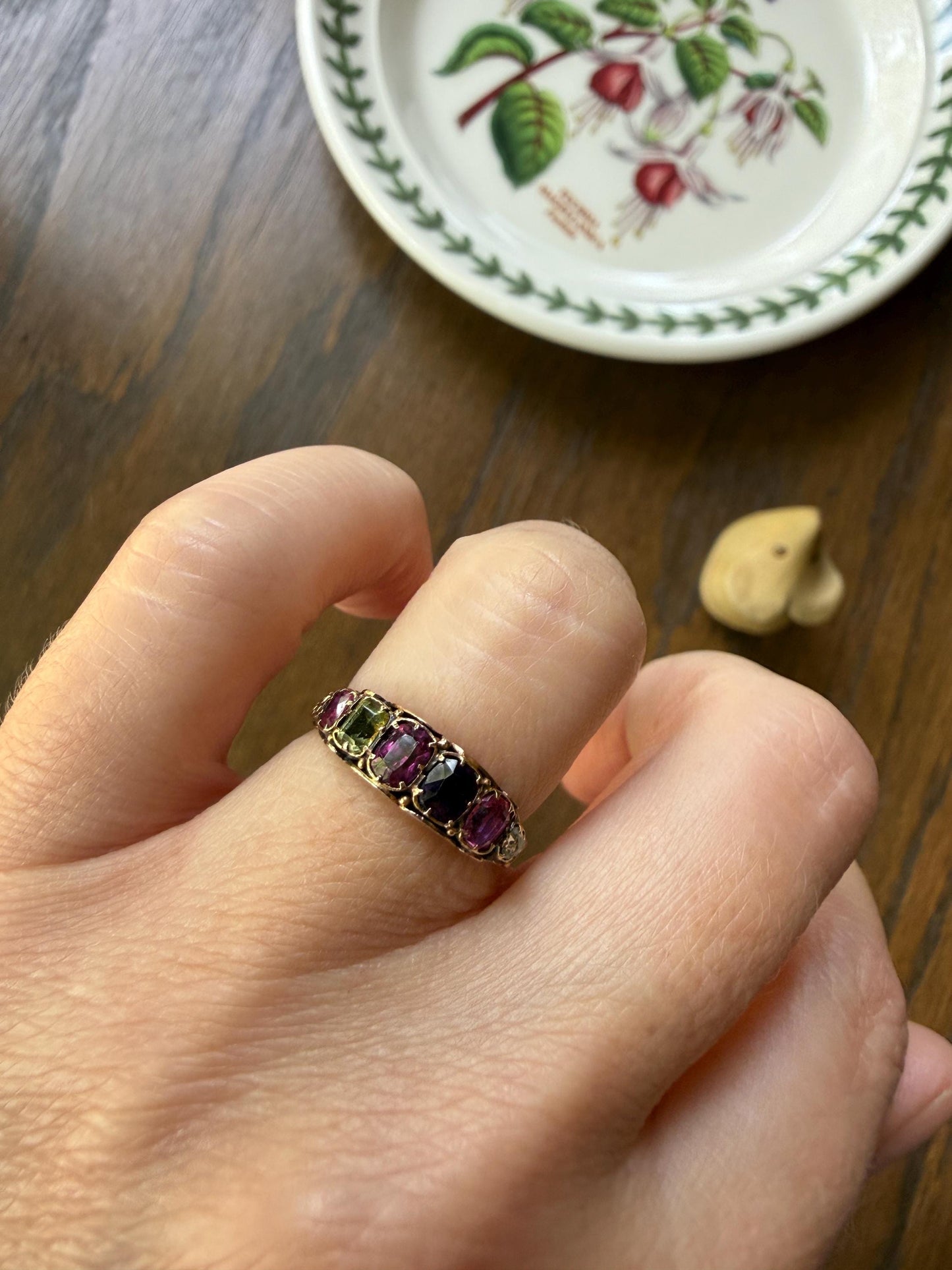 REGARD Antique Victorian Acrostic Ring 14k Gold Ruby Emerald Garnet Amethyst Rose Cut Diamond Band Ornate Stacker Engraved 1800s Love Token