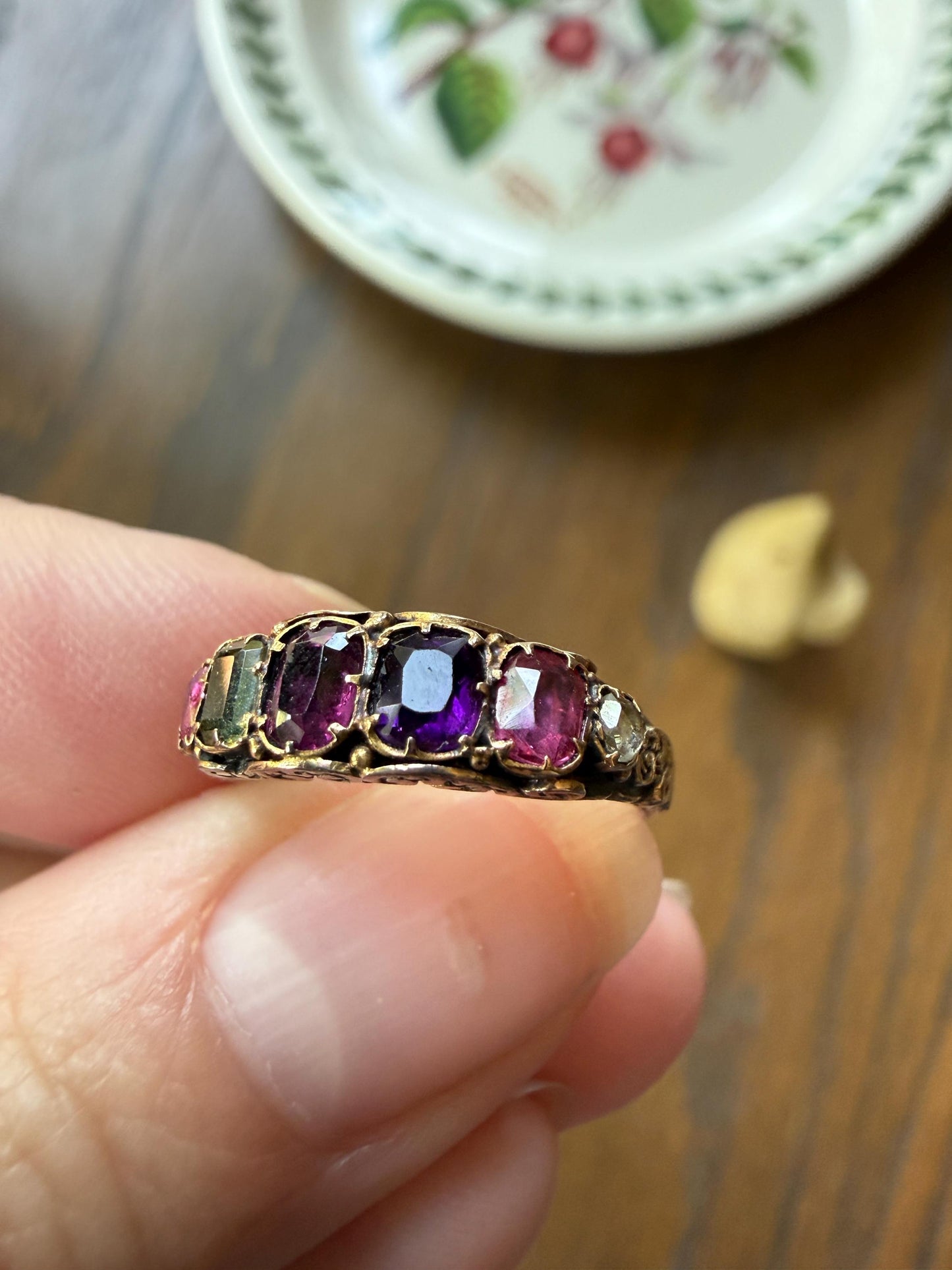 REGARD Antique Victorian Acrostic Ring 14k Gold Ruby Emerald Garnet Amethyst Rose Cut Diamond Band Ornate Stacker Engraved 1800s Love Token