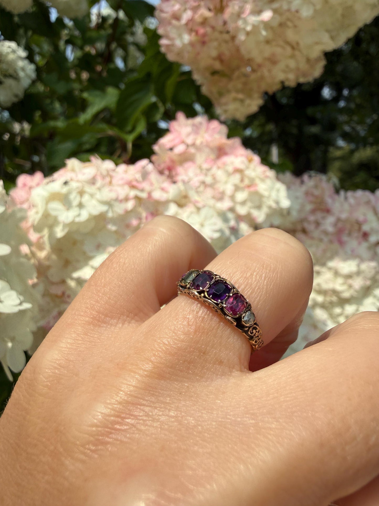 REGARD Antique Victorian Acrostic Ring 14k Gold Ruby Emerald Garnet Amethyst Rose Cut Diamond Band Ornate Stacker Engraved 1800s Love Token