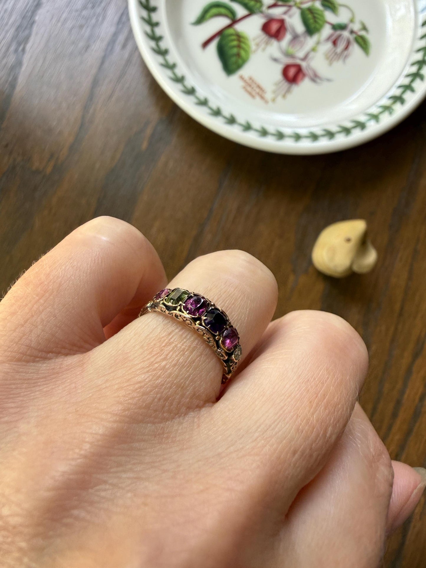 REGARD Antique Victorian Acrostic Ring 14k Gold Ruby Emerald Garnet Amethyst Rose Cut Diamond Band Ornate Stacker Engraved 1800s Love Token