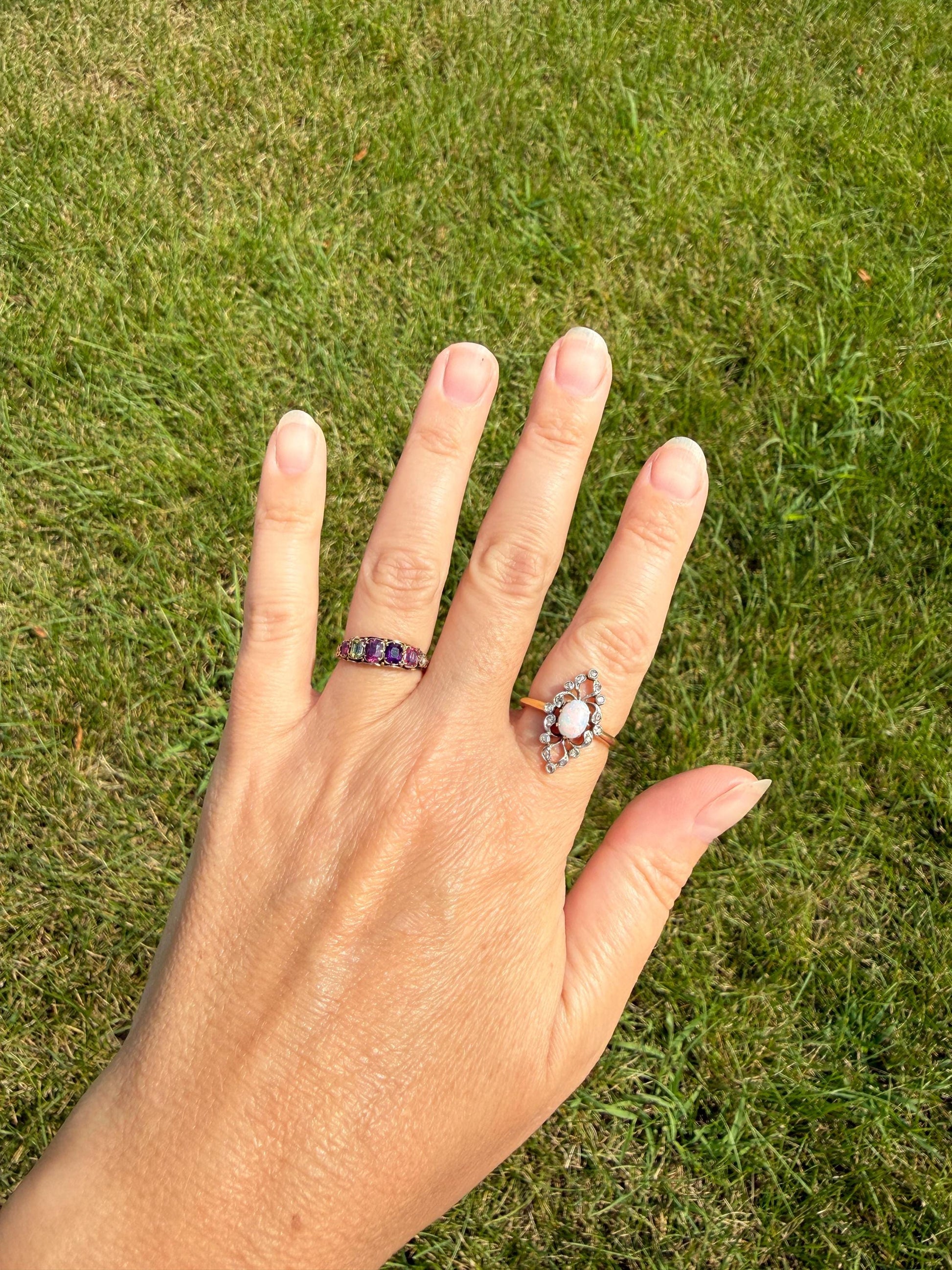 REGARD Antique Victorian Acrostic Ring 14k Gold Ruby Emerald Garnet Amethyst Rose Cut Diamond Band Ornate Stacker Engraved 1800s Love Token
