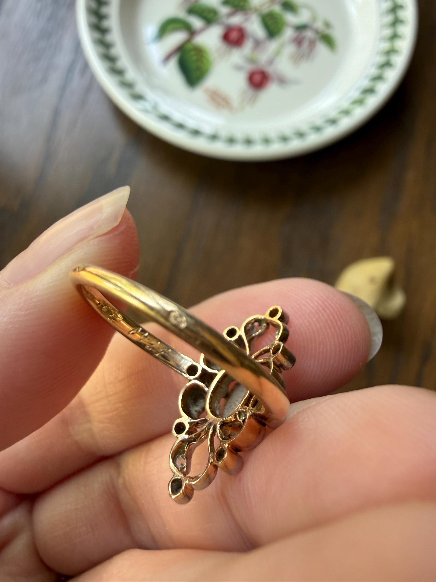 French Antique OPAL Rose Cut Diamond Openwork Ring 18k Gold Ornate Belle Epoque Swirl Nanette