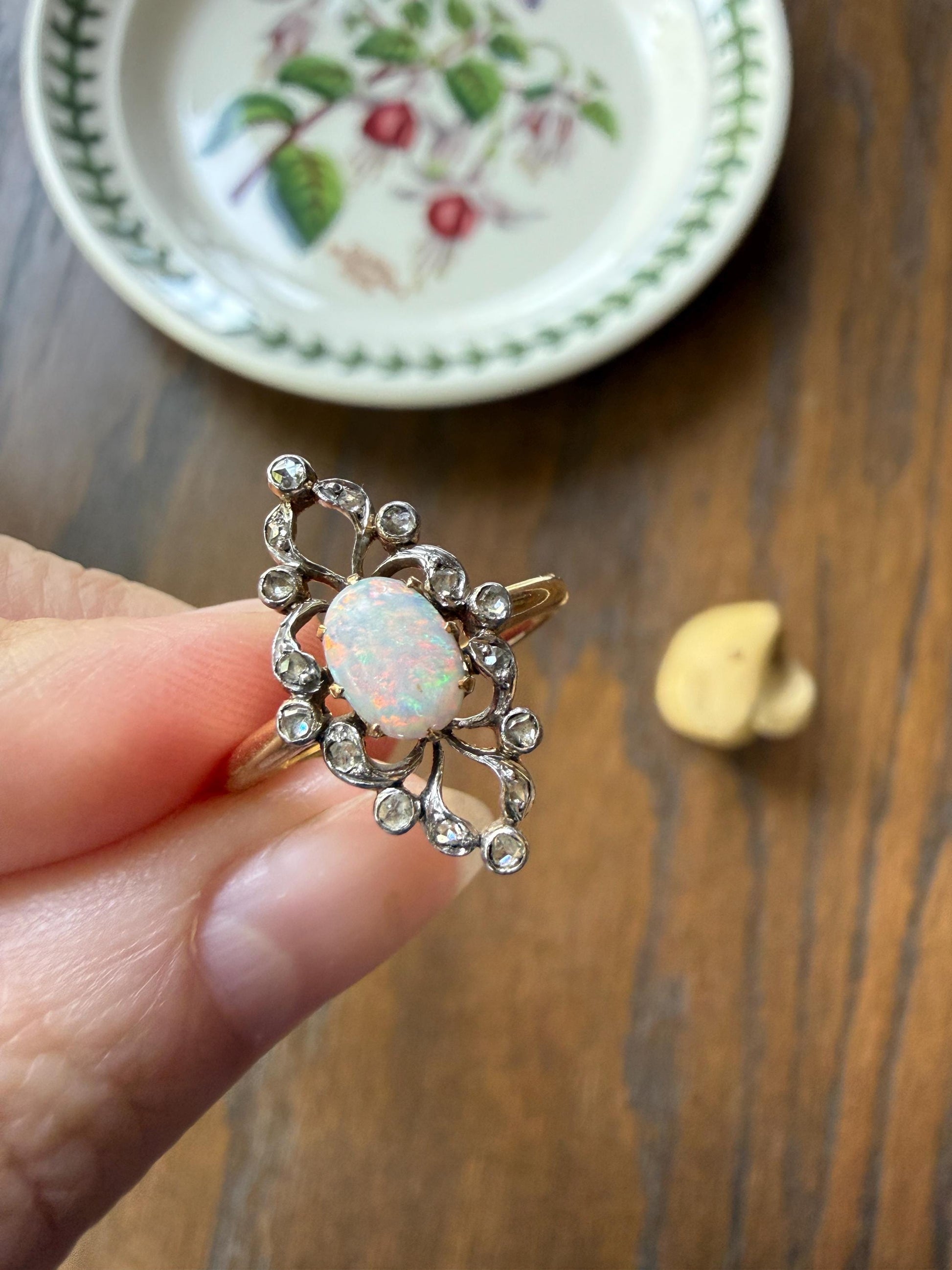 French Antique OPAL Rose Cut Diamond Openwork Ring 18k Gold Ornate Belle Epoque Swirl Nanette