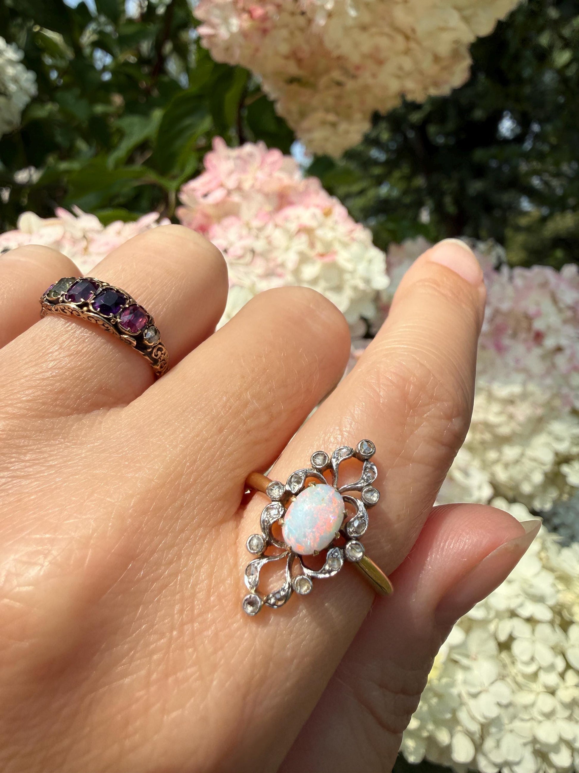 French Antique OPAL Rose Cut Diamond Openwork Ring 18k Gold Ornate Belle Epoque Swirl Nanette