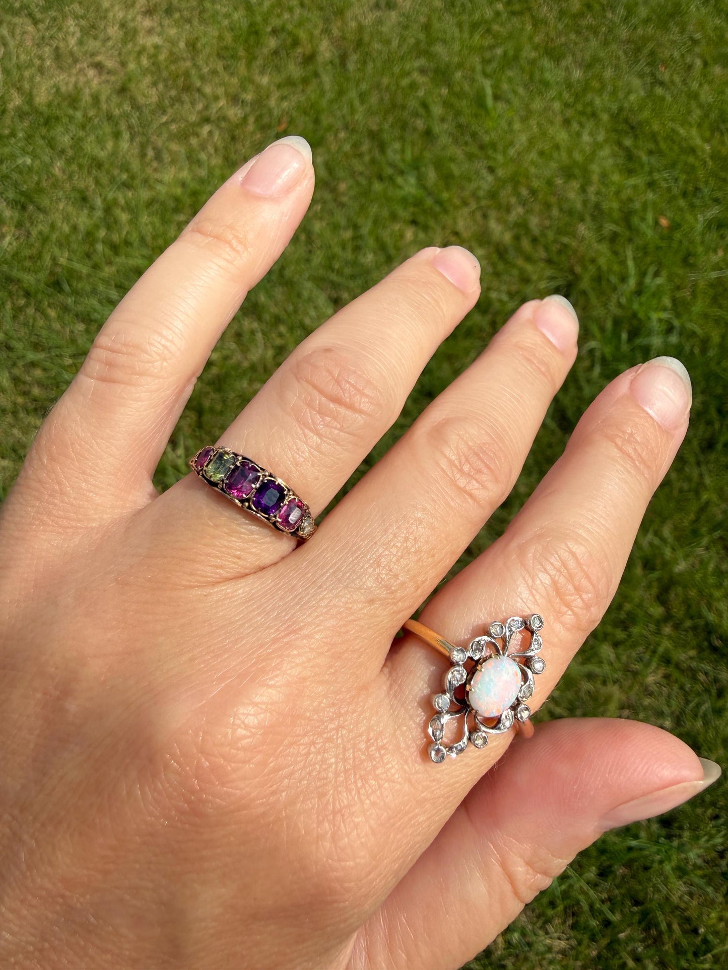 French Antique OPAL Rose Cut Diamond Openwork Ring 18k Gold Ornate Belle Epoque Swirl Nanette