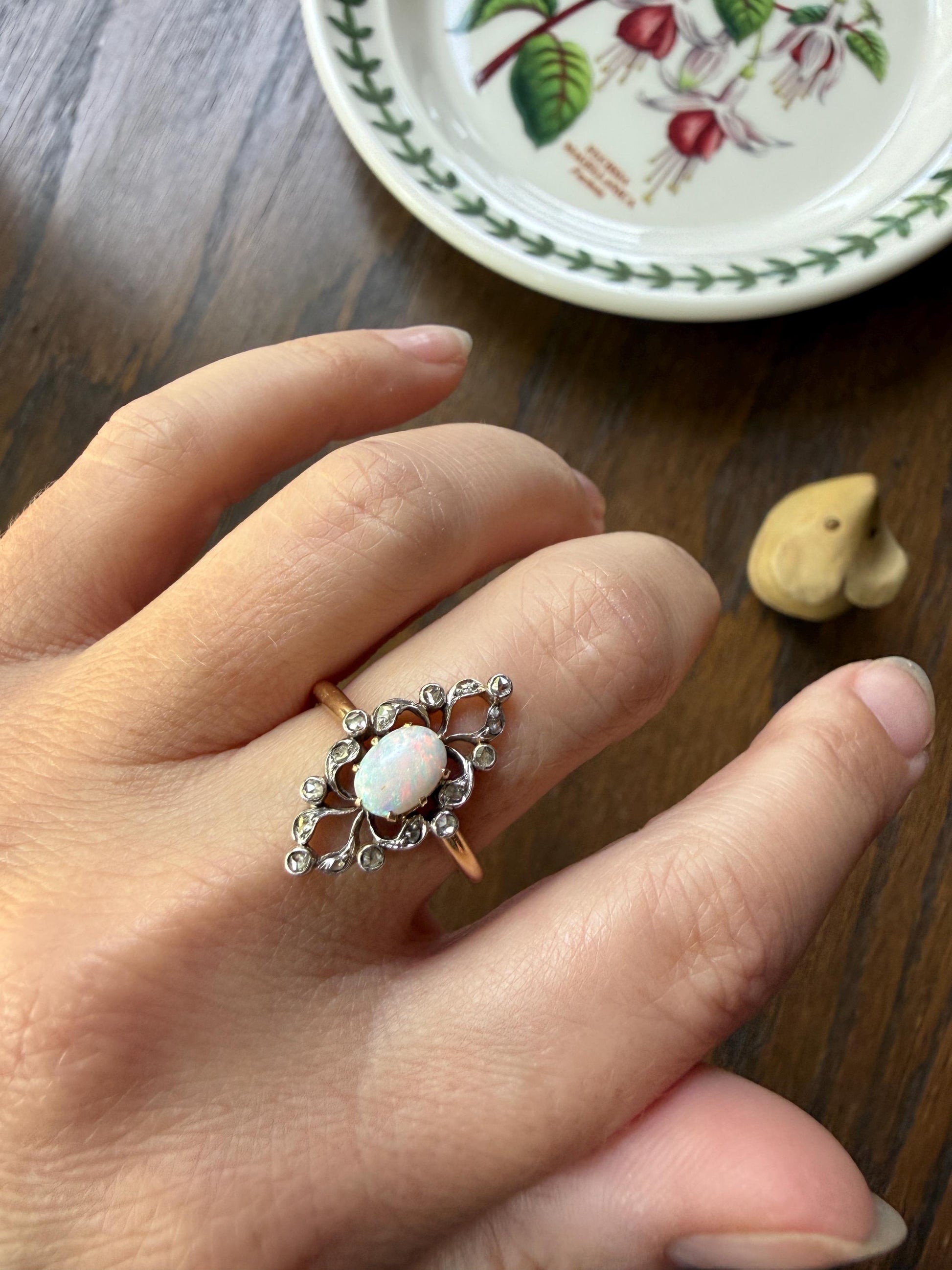 French Antique OPAL Rose Cut Diamond Openwork Ring 18k Gold Ornate Belle Epoque Swirl Nanette