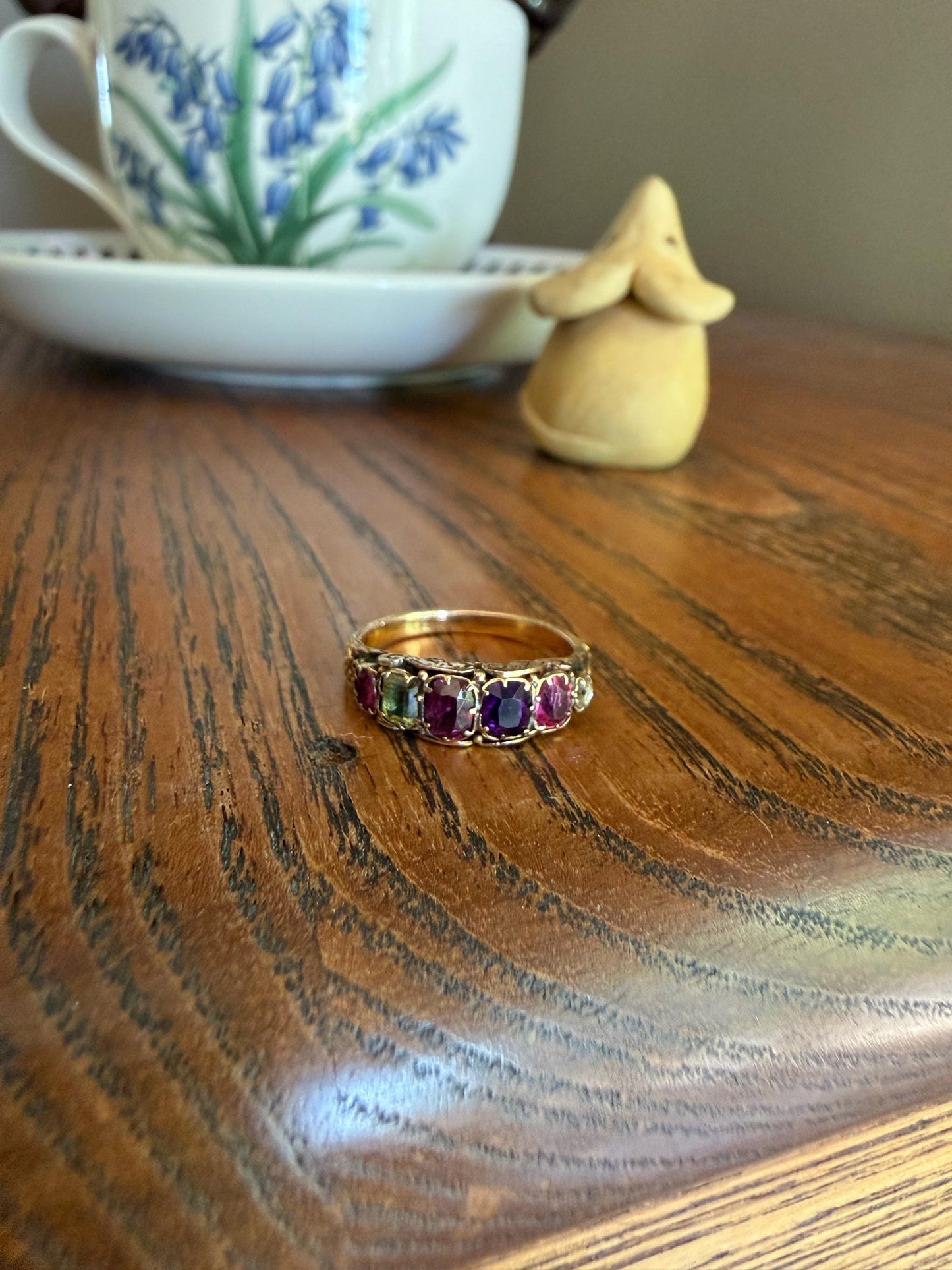 REGARD Antique Victorian Acrostic Ring 14k Gold Ruby Emerald Garnet Amethyst Rose Cut Diamond Band Ornate Stacker Engraved 1800s Love Token