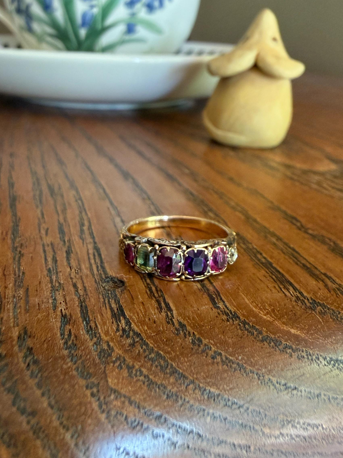 REGARD Antique Victorian Acrostic Ring 14k Gold Ruby Emerald Garnet Amethyst Rose Cut Diamond Band Ornate Stacker Engraved 1800s Love Token
