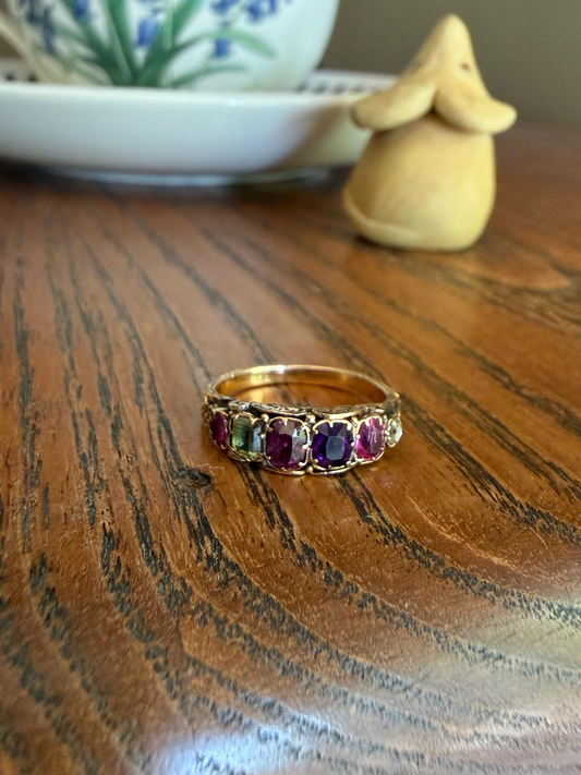 REGARD Antique Victorian Acrostic Ring 14k Gold Ruby Emerald Garnet Amethyst Rose Cut Diamond Band Ornate Stacker Engraved 1800s Love Token