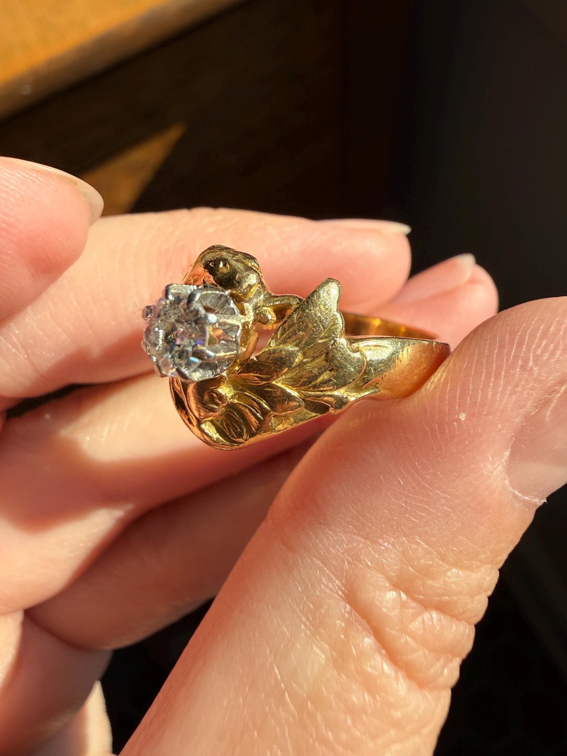 DRAGON Heavy Antique Griffin Old Mine Cut Diamond in Mouth Figural Ring 7.8g 18k Gold Solid Chimera Gargoyle Belle Epoque Art Nouveau Wings