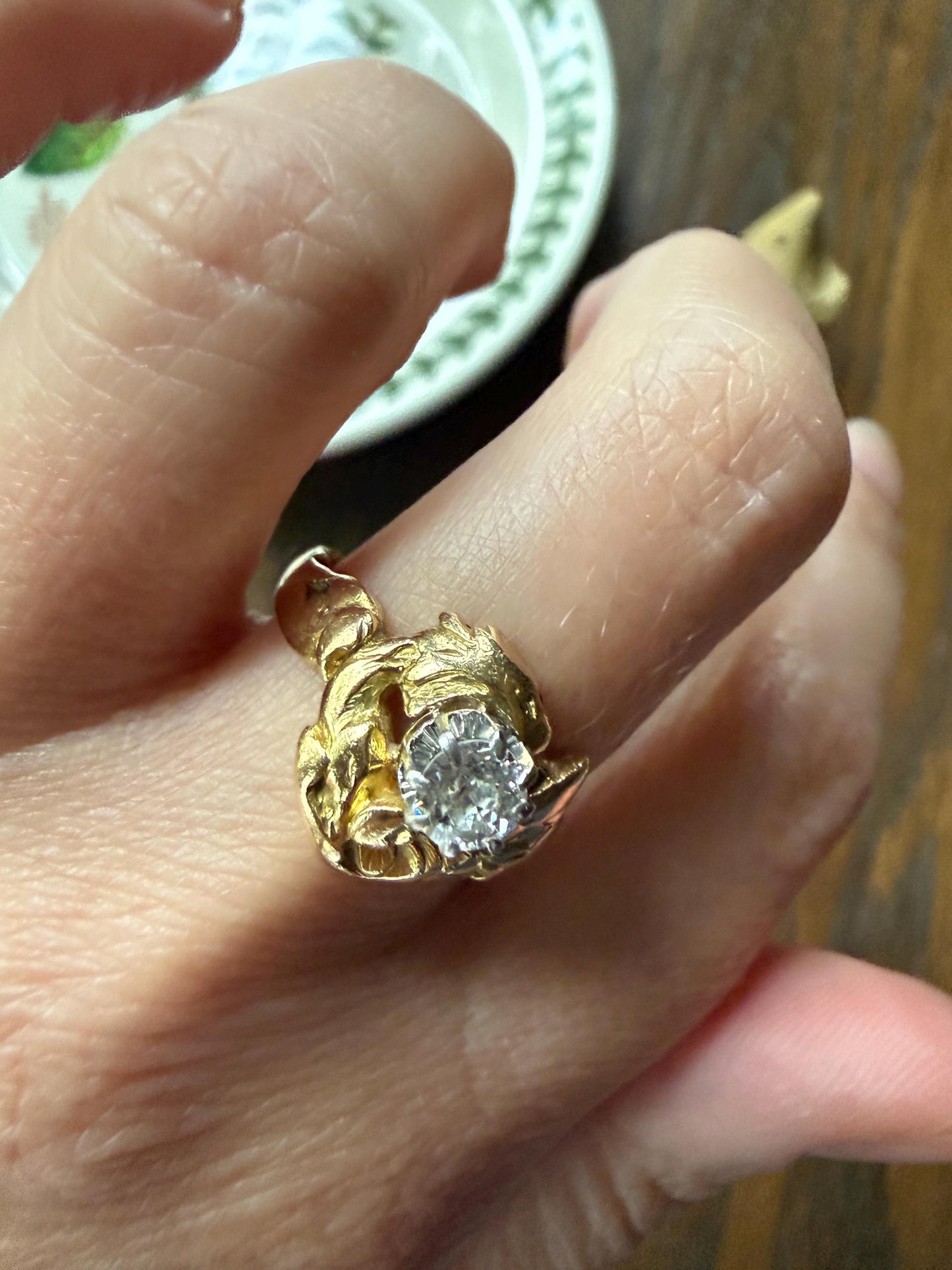 DRAGON Heavy Antique Griffin Old Mine Cut Diamond in Mouth Figural Ring 7.8g 18k Gold Solid Chimera Gargoyle Belle Epoque Art Nouveau Wings