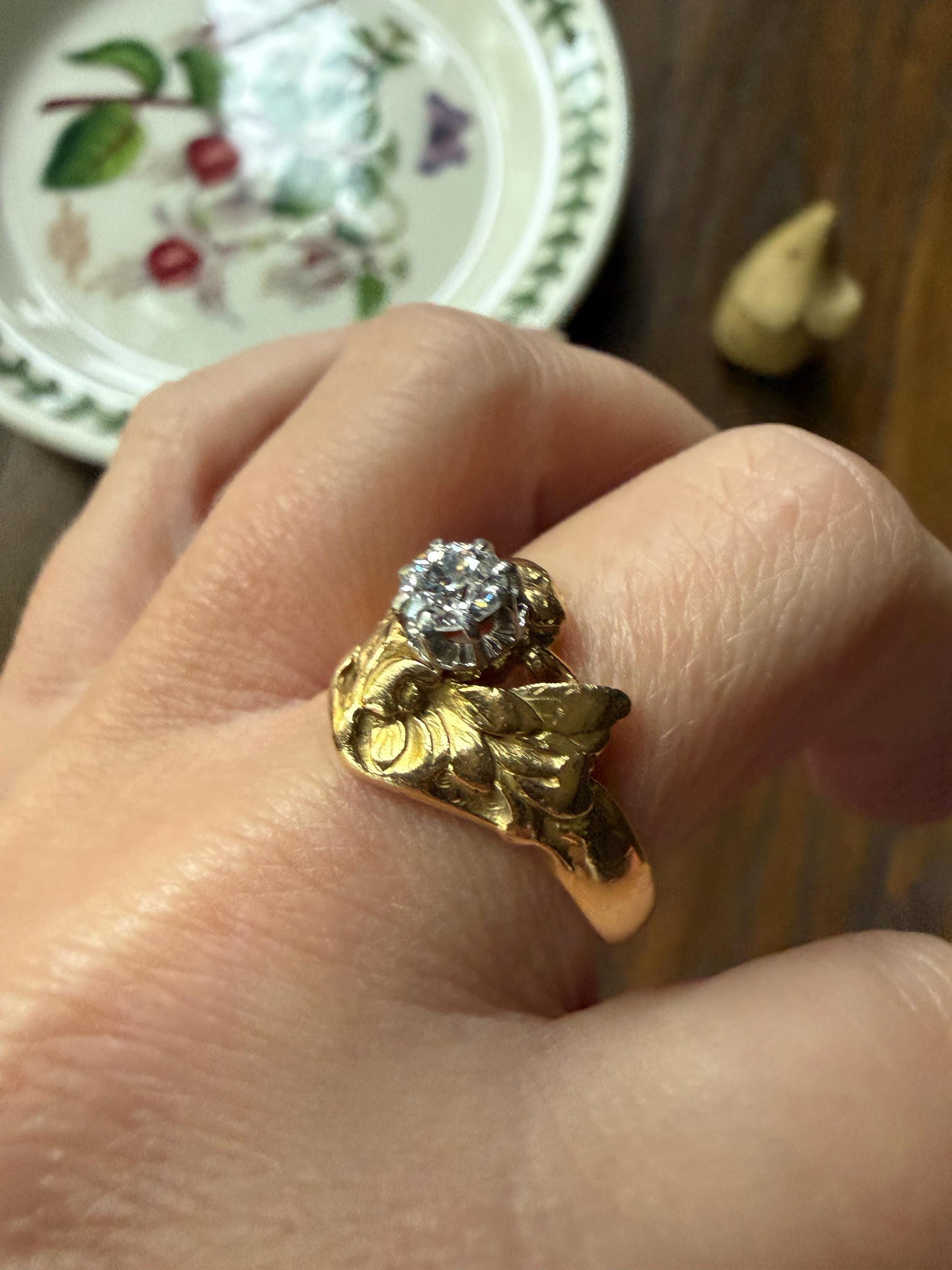 DRAGON Heavy Antique Griffin Old Mine Cut Diamond in Mouth Figural Ring 7.8g 18k Gold Solid Chimera Gargoyle Belle Epoque Art Nouveau Wings