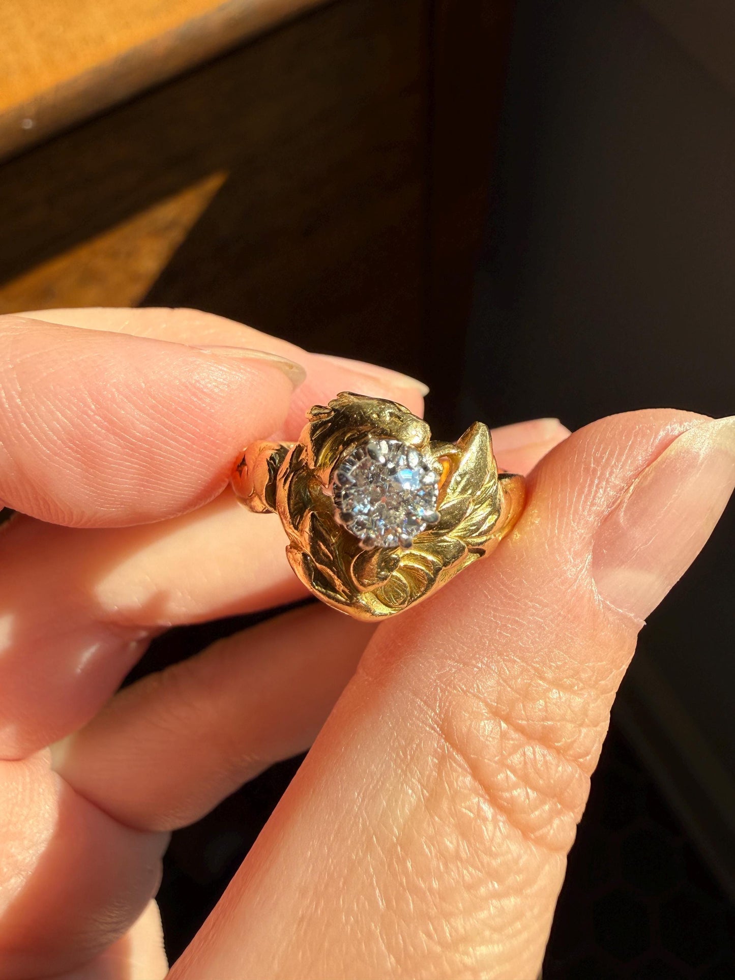 DRAGON Heavy Antique Griffin Old Mine Cut Diamond in Mouth Figural Ring 7.8g 18k Gold Solid Chimera Gargoyle Belle Epoque Art Nouveau Wings