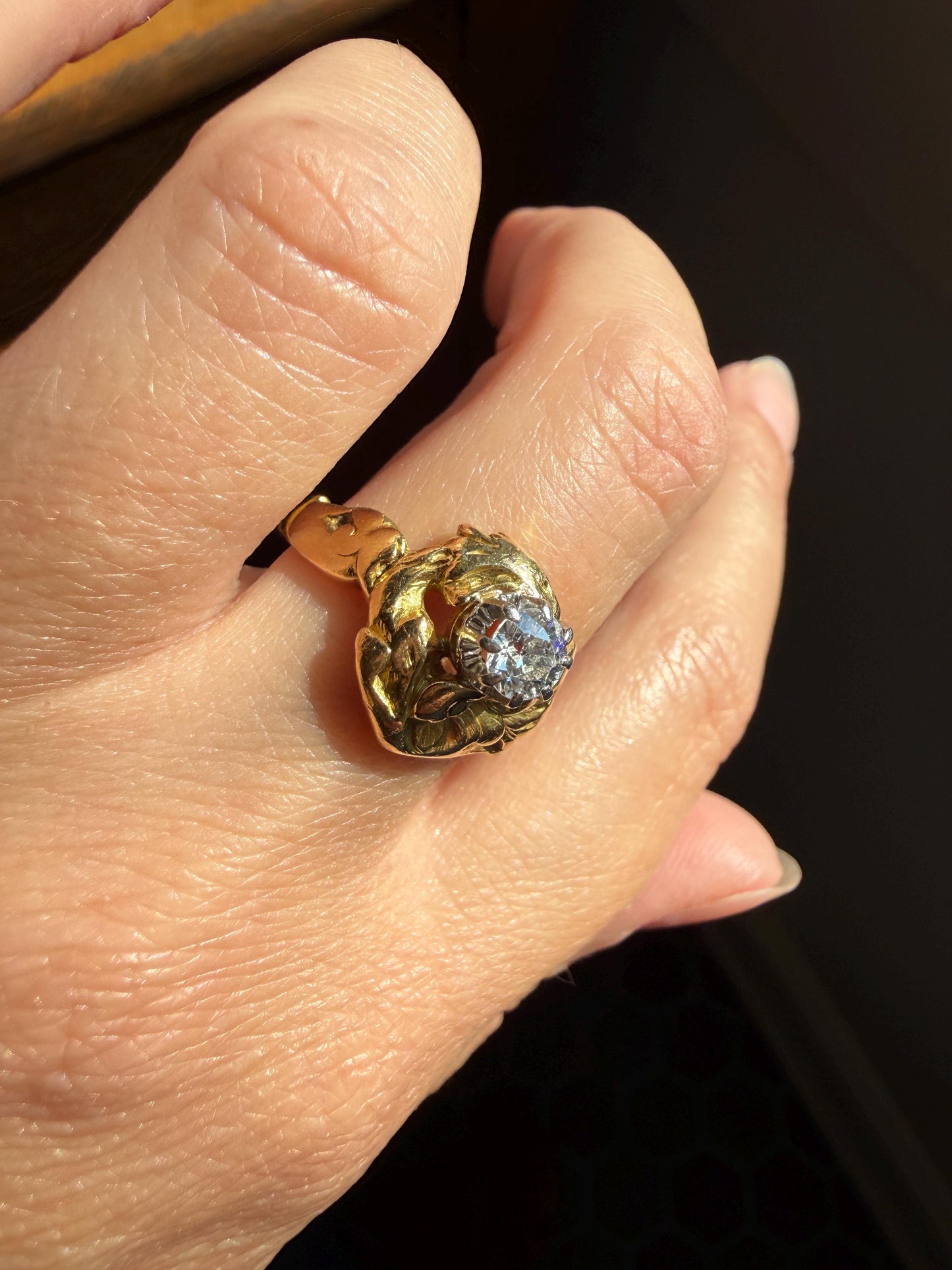 DRAGON Heavy Antique Griffin Old Mine Cut Diamond in Mouth Figural Ring 7.8g 18k Gold Solid Chimera Gargoyle Belle Epoque Art Nouveau Wings