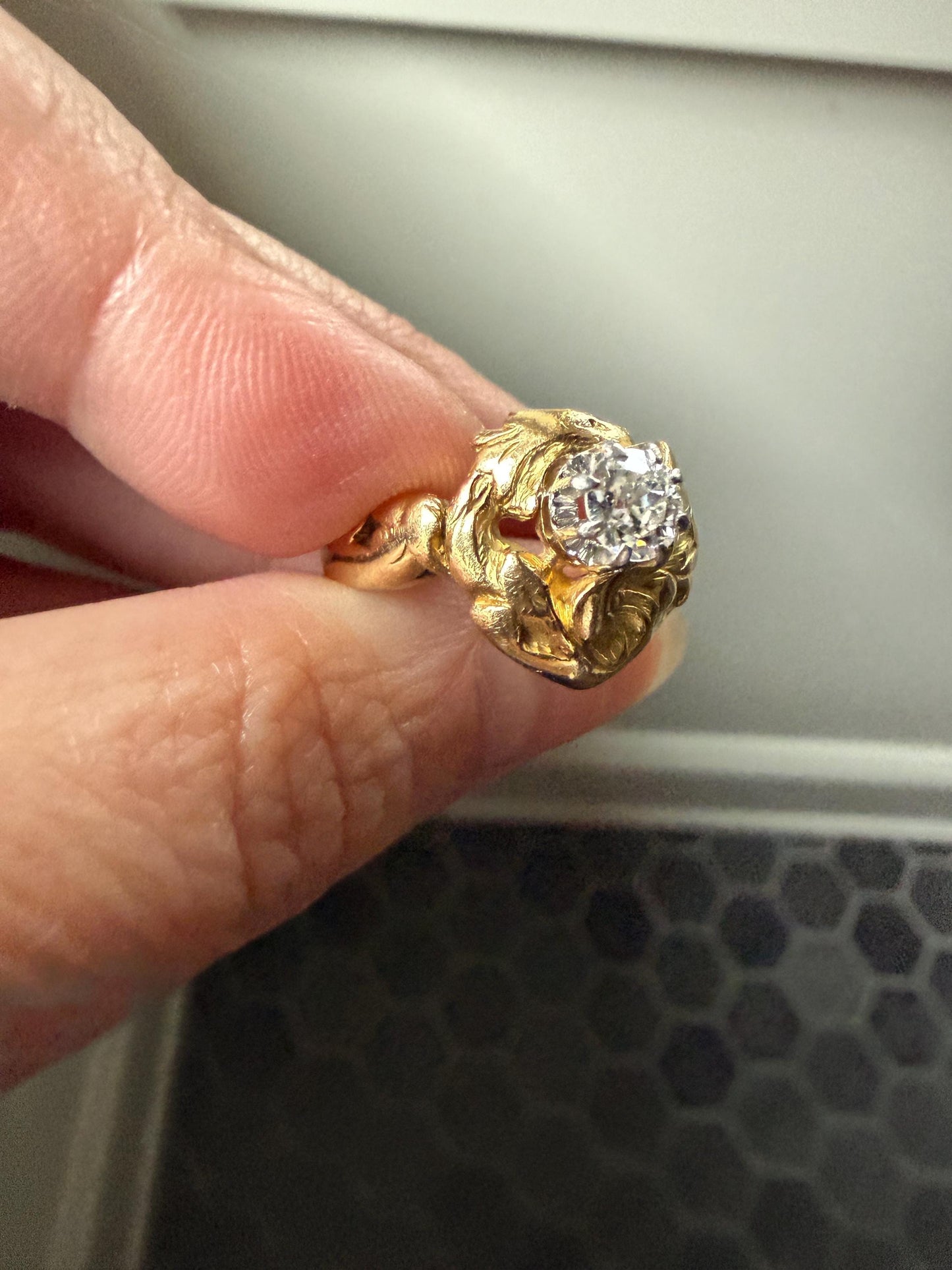 DRAGON Heavy Antique Griffin Old Mine Cut Diamond in Mouth Figural Ring 7.8g 18k Gold Solid Chimera Gargoyle Belle Epoque Art Nouveau Wings