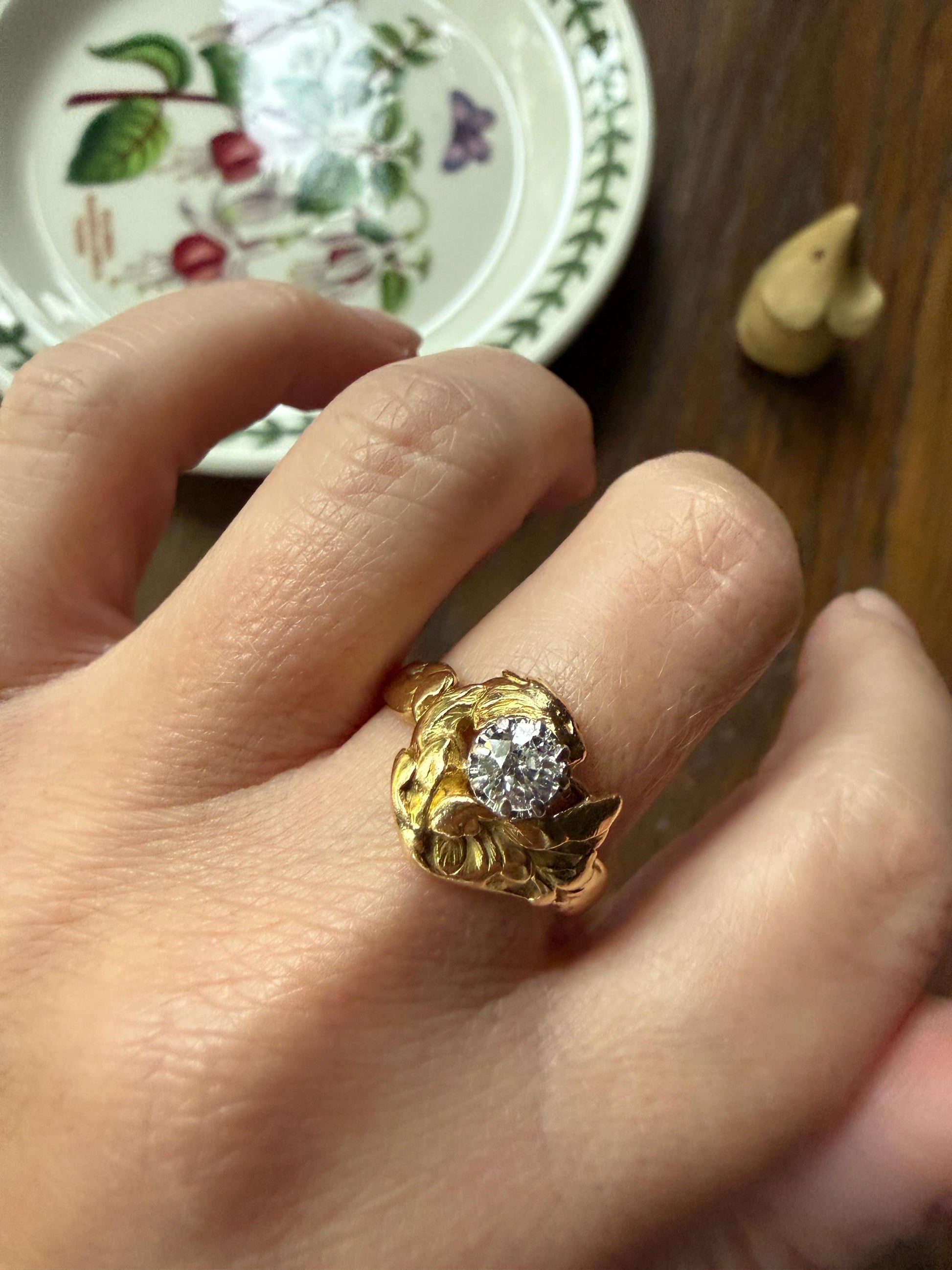 DRAGON Heavy Antique Griffin Old Mine Cut Diamond in Mouth Figural Ring 7.8g 18k Gold Solid Chimera Gargoyle Belle Epoque Art Nouveau Wings