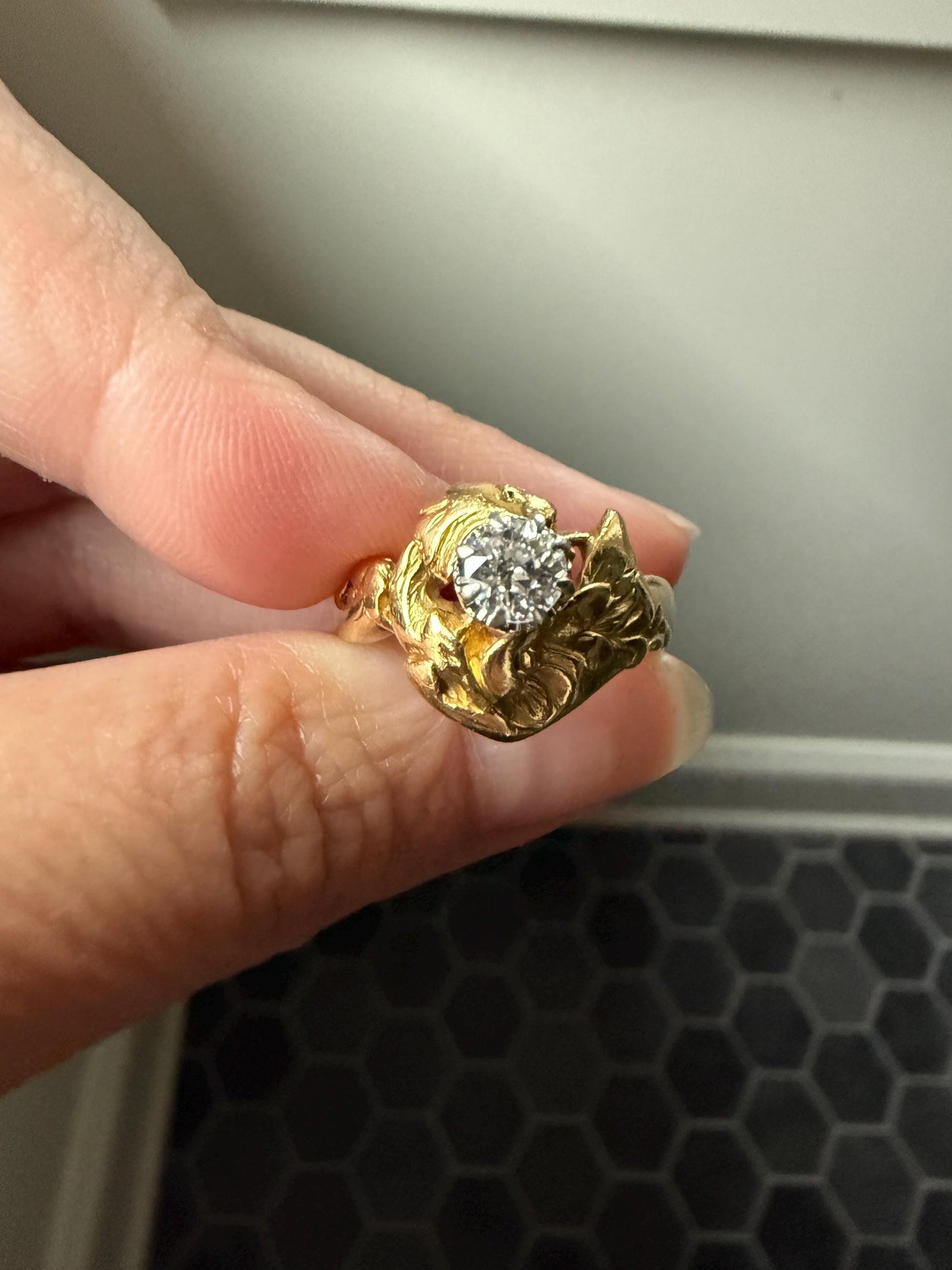 DRAGON Heavy Antique Griffin Old Mine Cut Diamond in Mouth Figural Ring 7.8g 18k Gold Solid Chimera Gargoyle Belle Epoque Art Nouveau Wings