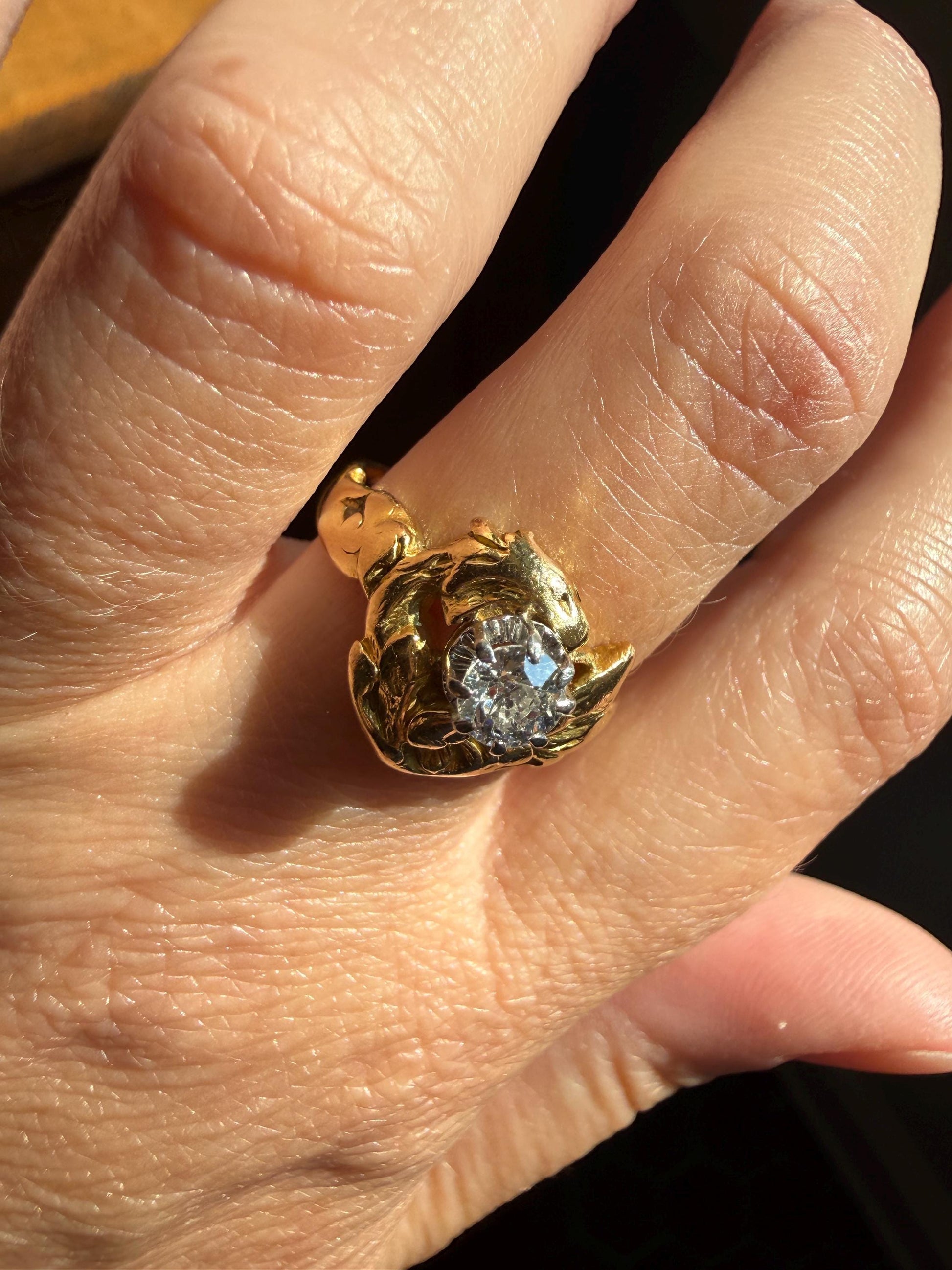 DRAGON Heavy Antique Griffin Old Mine Cut Diamond in Mouth Figural Ring 7.8g 18k Gold Solid Chimera Gargoyle Belle Epoque Art Nouveau Wings