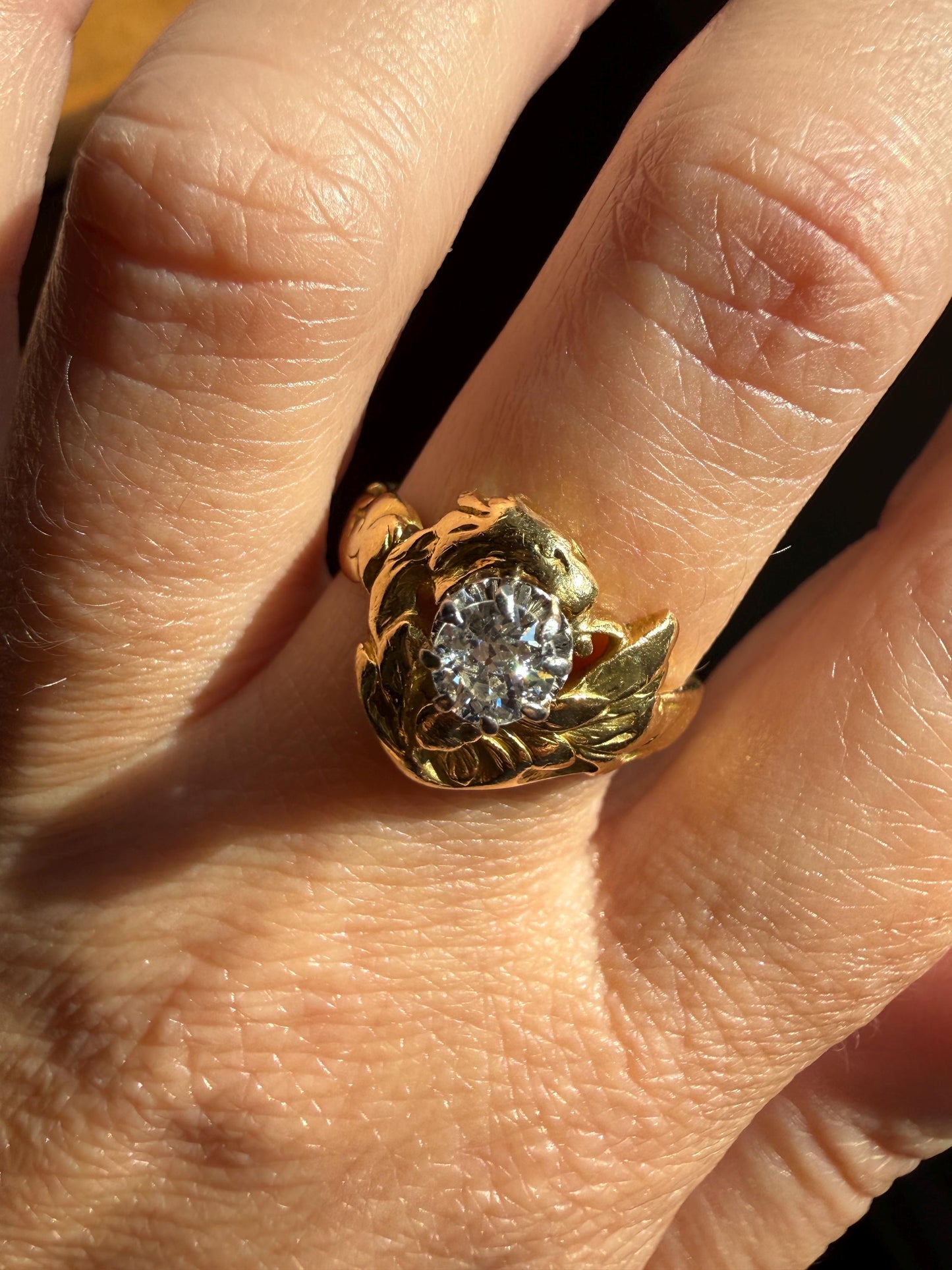 DRAGON Heavy Antique Griffin Old Mine Cut Diamond in Mouth Figural Ring 7.8g 18k Gold Solid Chimera Gargoyle Belle Epoque Art Nouveau Wings