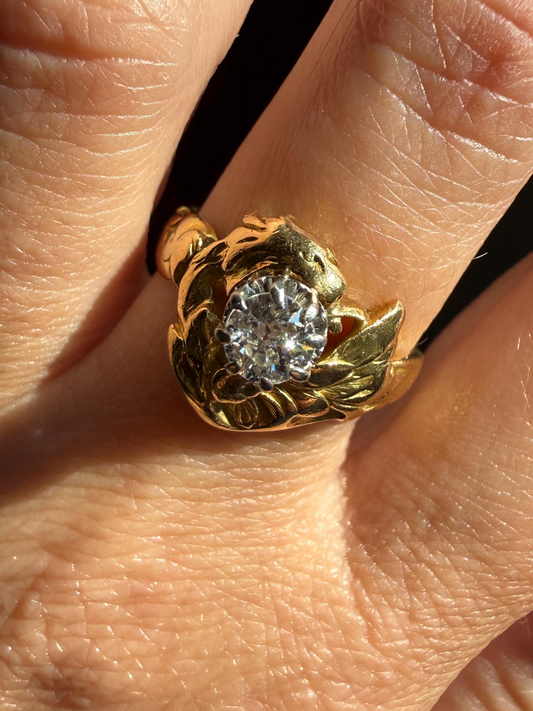 DRAGON Heavy Antique Griffin Old Mine Cut Diamond in Mouth Figural Ring 7.8g 18k Gold Solid Chimera Gargoyle Belle Epoque Art Nouveau Wings