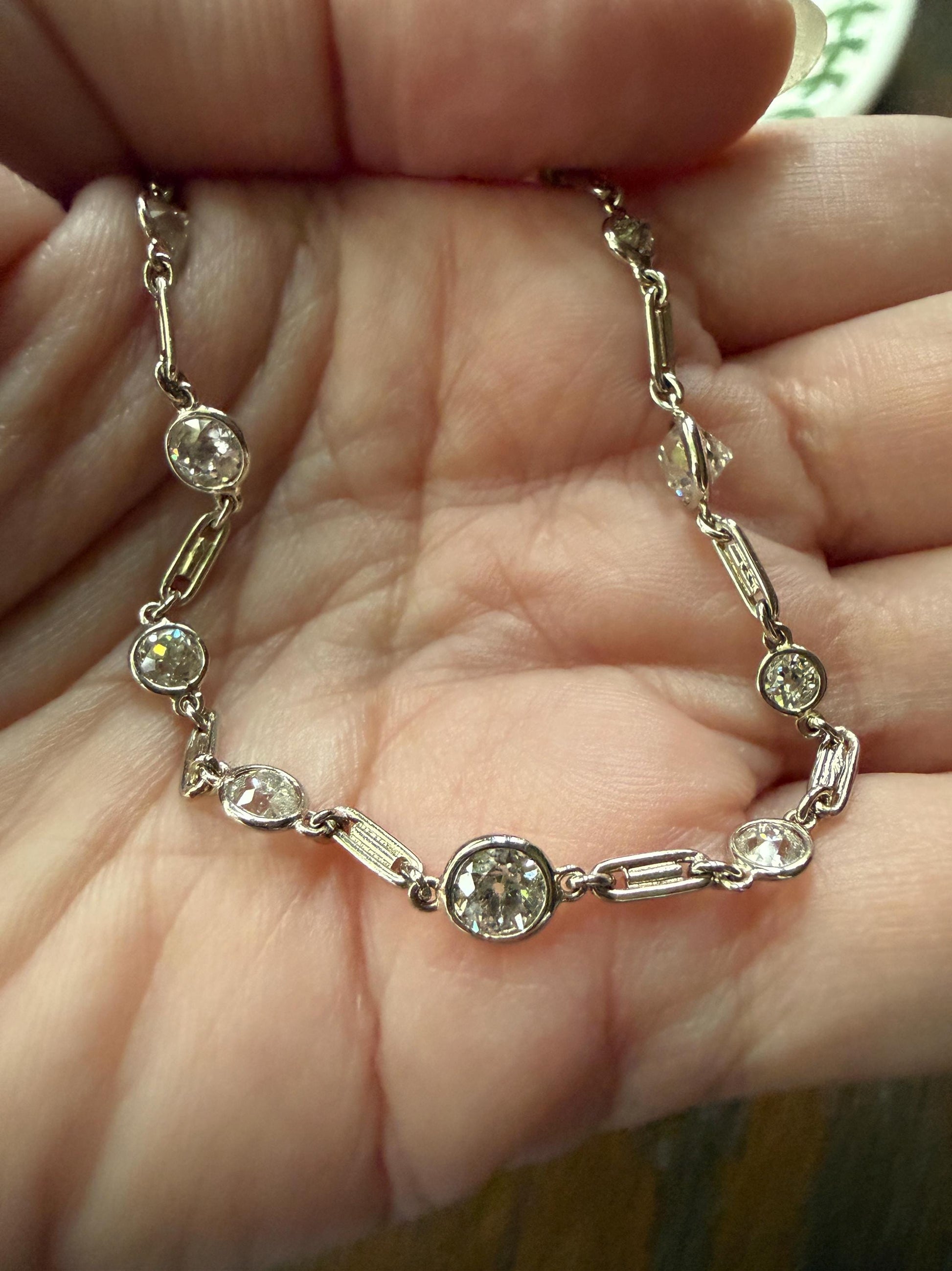 Vintage Seven 7 Carats Natural Old Mine Cut Diamond Bezel Set Eternity Station Chain French 18k White Gold Necklace 23.75" Long Neckstack