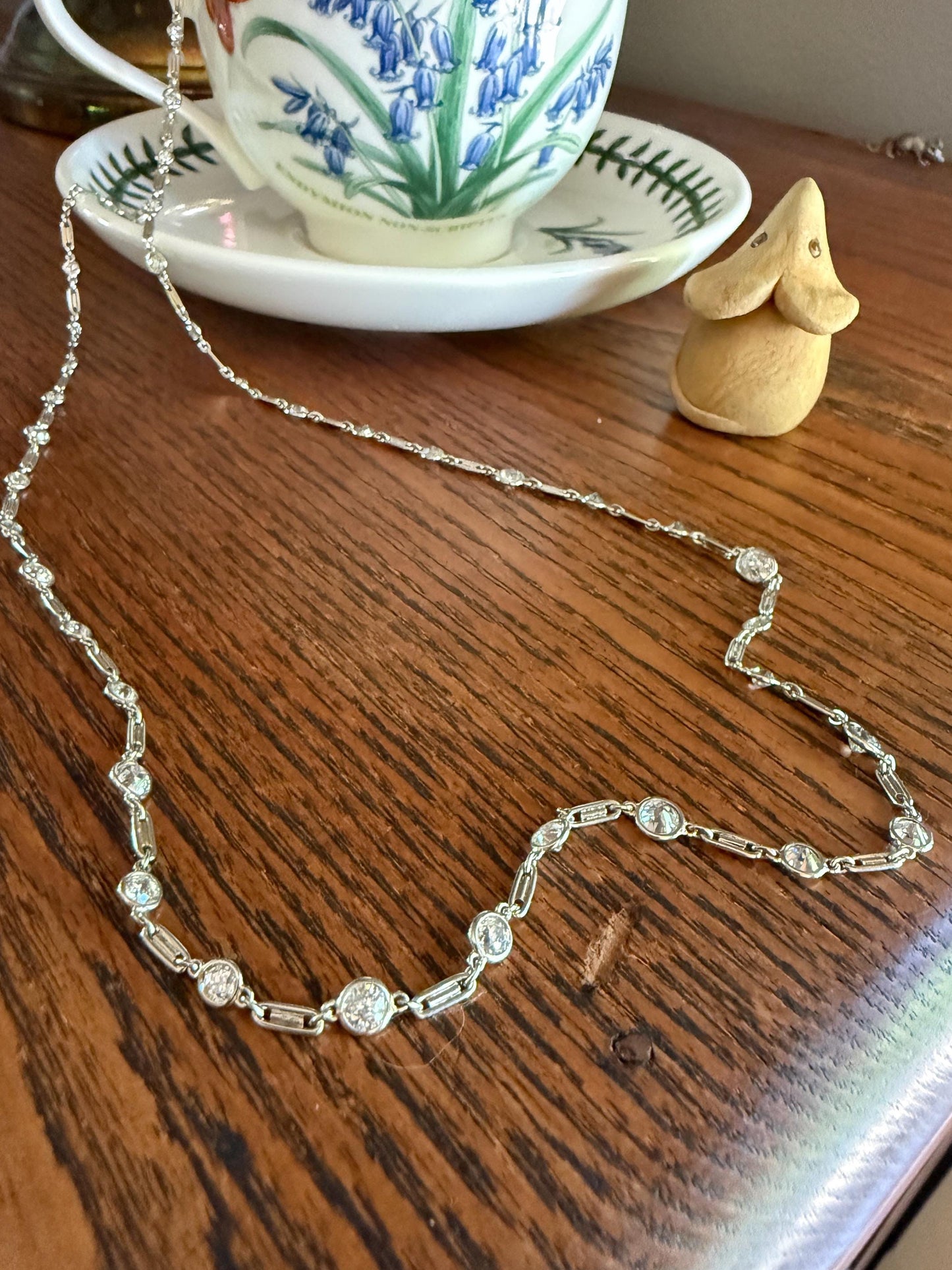 Vintage Seven 7 Carats Natural Old Mine Cut Diamond Bezel Set Eternity Station Chain French 18k White Gold Necklace 23.75" Long Neckstack