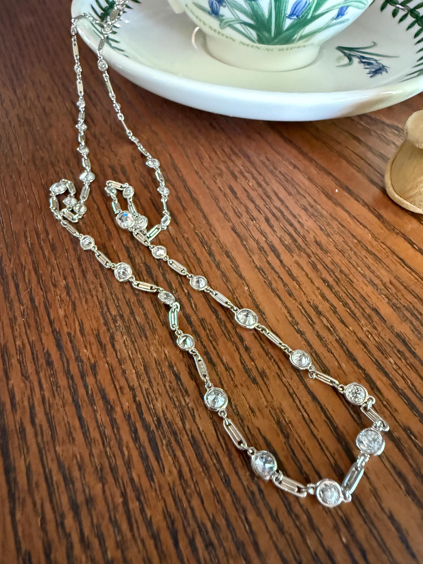 Vintage Seven 7 Carats Natural Old Mine Cut Diamond Bezel Set Eternity Station Chain French 18k White Gold Necklace 23.75" Long Neckstack