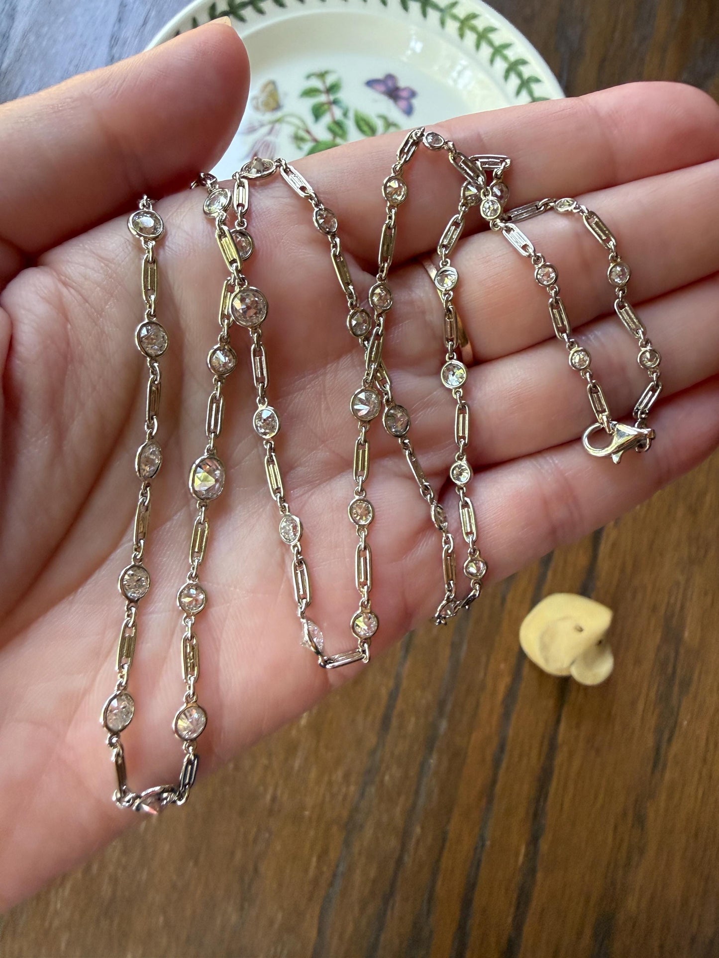 Vintage Seven 7 Carats Natural Old Mine Cut Diamond Bezel Set Eternity Station Chain French 18k White Gold Necklace 23.75" Long Neckstack