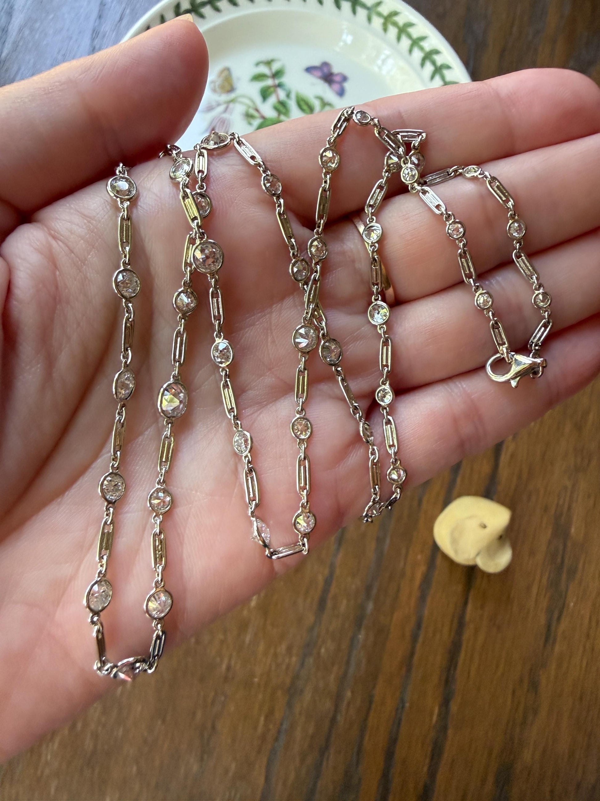 Vintage Seven 7 Carats Natural Old Mine Cut Diamond Bezel Set Eternity Station Chain French 18k White Gold Necklace 23.75" Long Neckstack