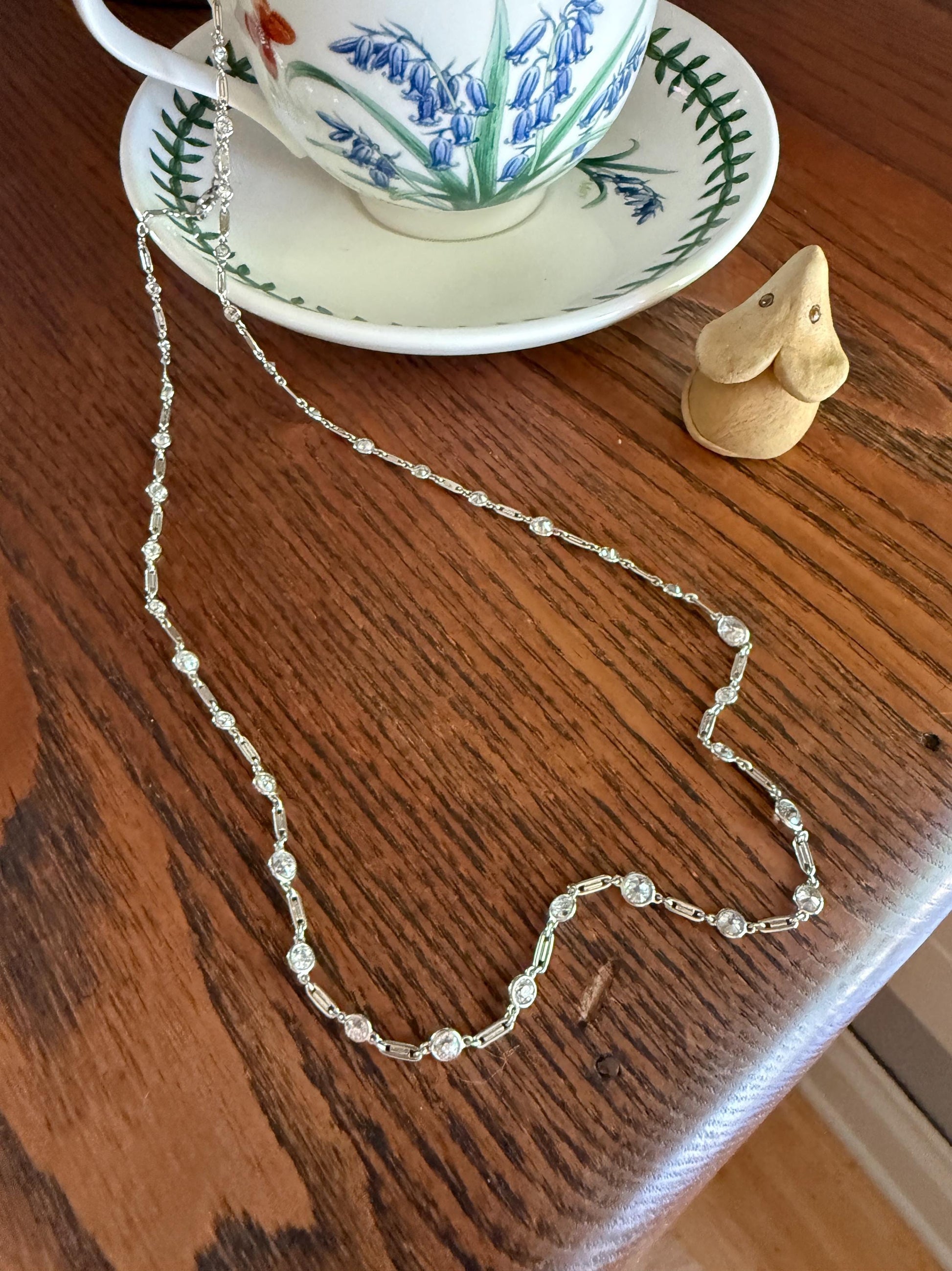 Vintage Seven 7 Carats Natural Old Mine Cut Diamond Bezel Set Eternity Station Chain French 18k White Gold Necklace 23.75" Long Neckstack