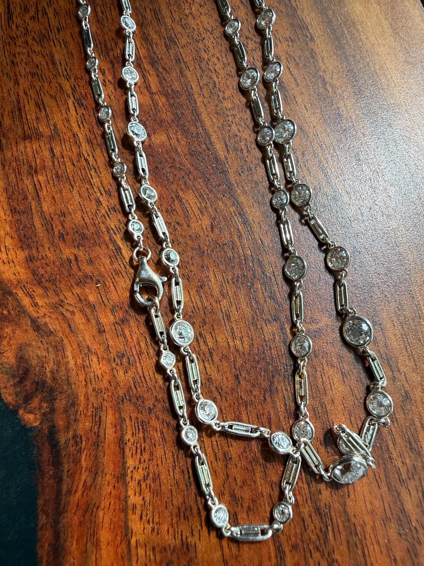 Vintage Seven 7 Carats Natural Old Mine Cut Diamond Bezel Set Eternity Station Chain French 18k White Gold Necklace 23.75" Long Neckstack