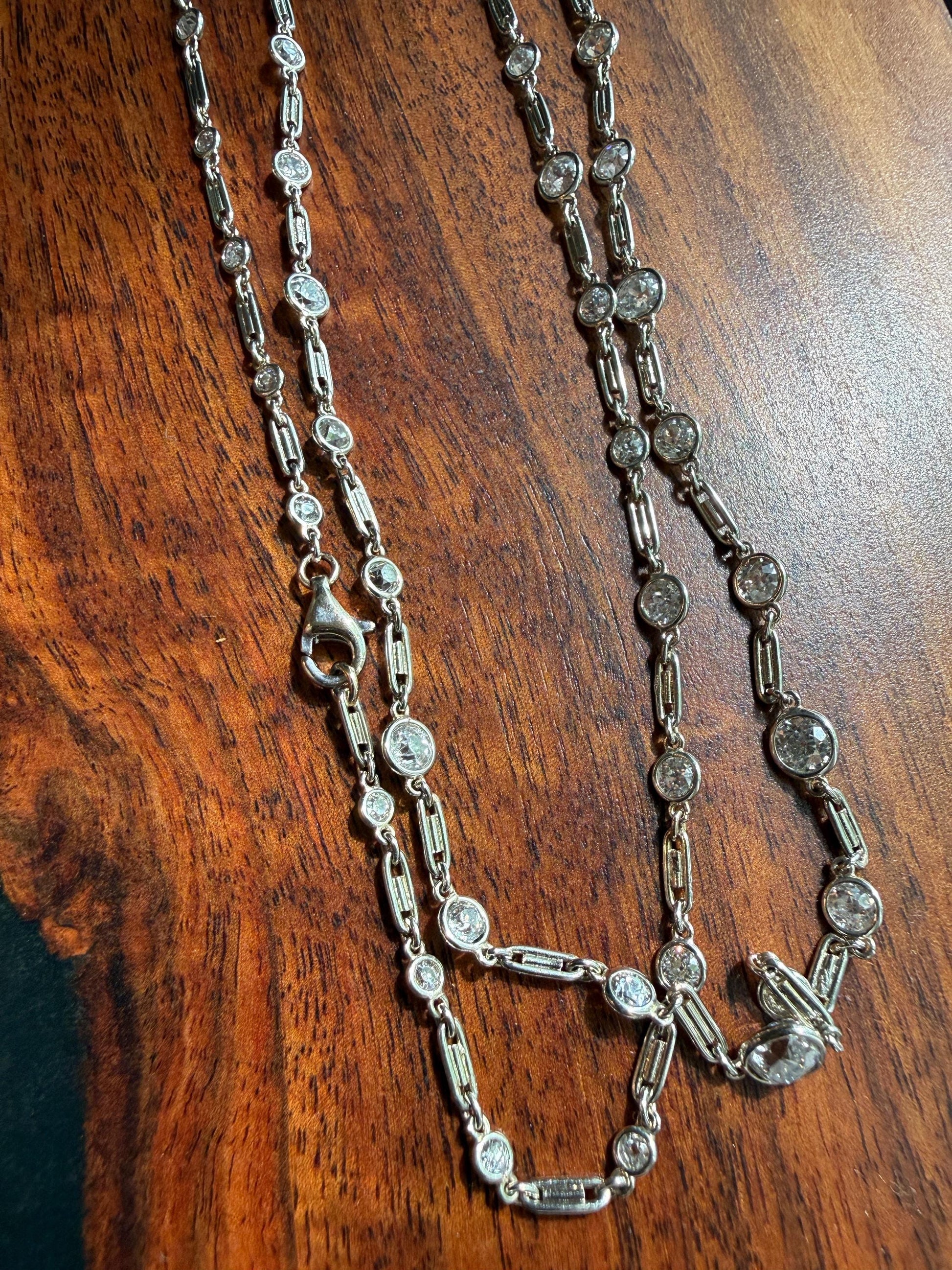 Vintage Seven 7 Carats Natural Old Mine Cut Diamond Bezel Set Eternity Station Chain French 18k White Gold Necklace 23.75" Long Neckstack