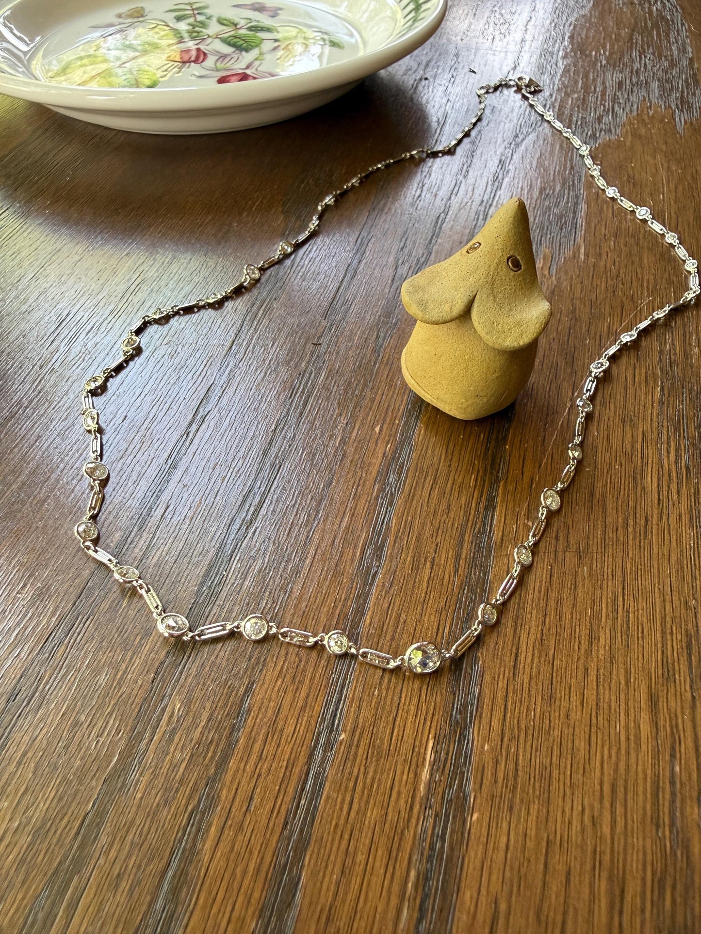 Vintage Seven 7 Carats Natural Old Mine Cut Diamond Bezel Set Eternity Station Chain French 18k White Gold Necklace 23.75" Long Neckstack