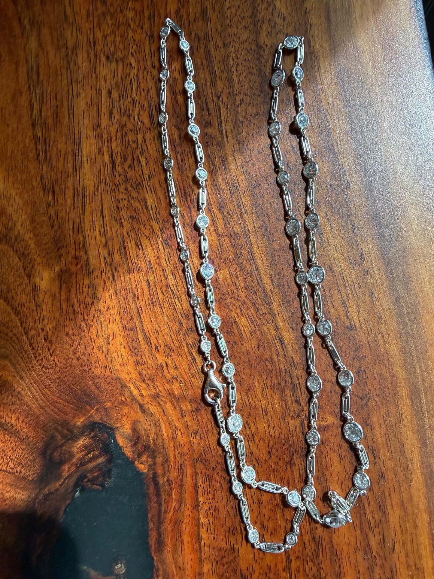 Vintage Seven 7 Carats Natural Old Mine Cut Diamond Bezel Set Eternity Station Chain French 18k White Gold Necklace 23.75" Long Neckstack