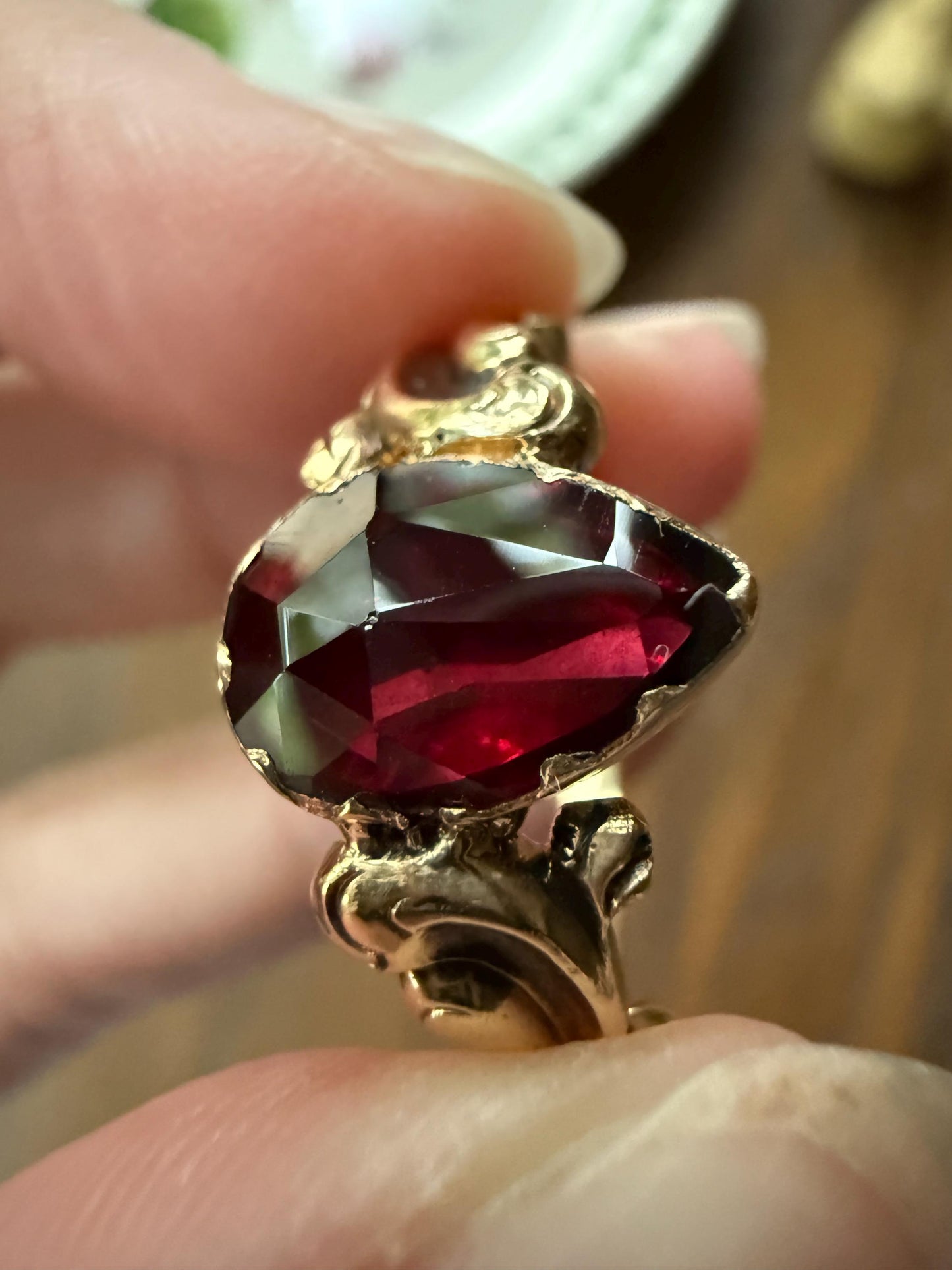 One of a Kind Antique Perpignan Garnet Pear Teardrop Solitaire Ring On Most Ornate Victorian Era Scrolled Band 18k Gold French Crimson Glow