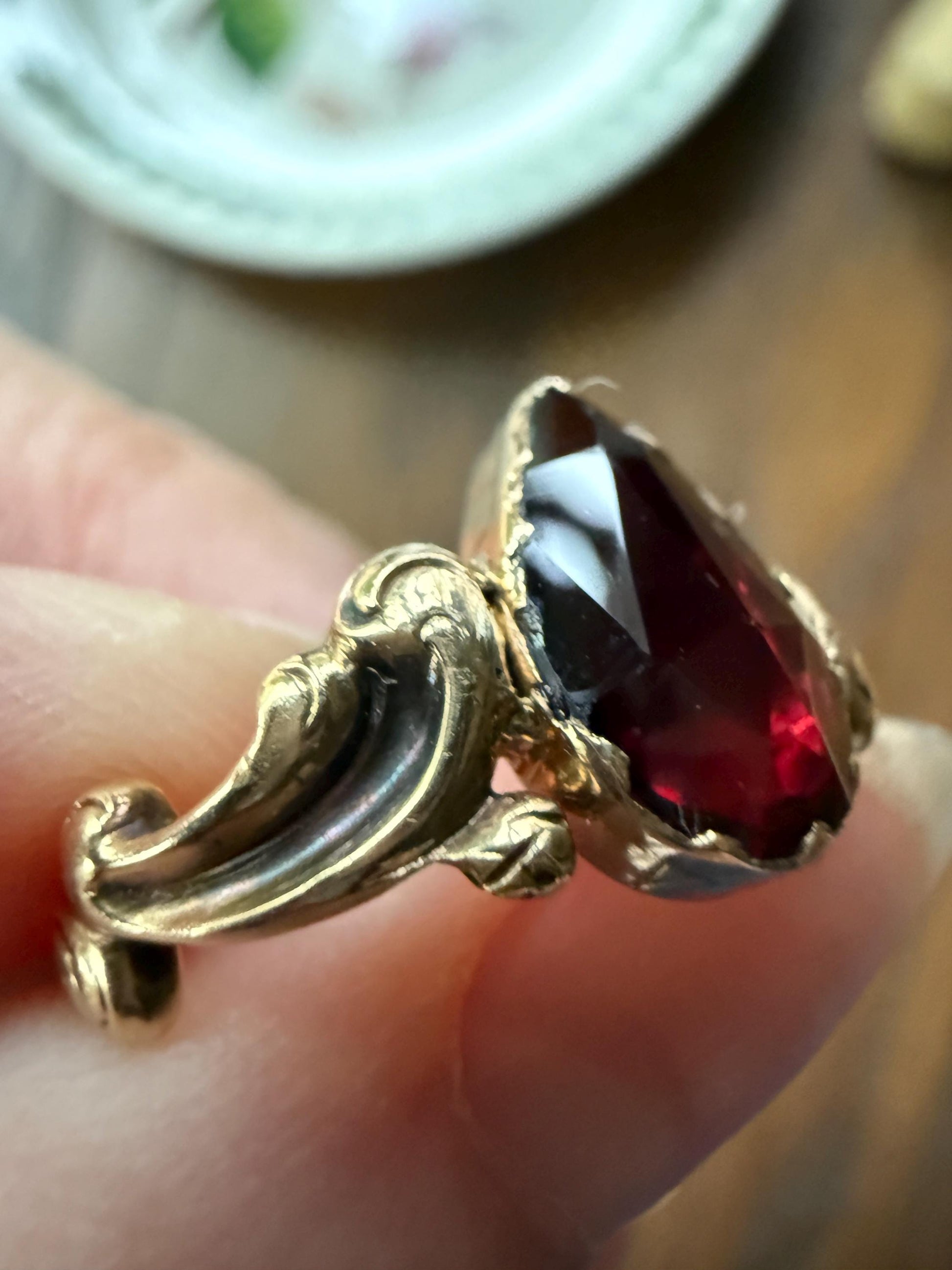 One of a Kind Antique Perpignan Garnet Pear Teardrop Solitaire Ring On Most Ornate Victorian Era Scrolled Band 18k Gold French Crimson Glow
