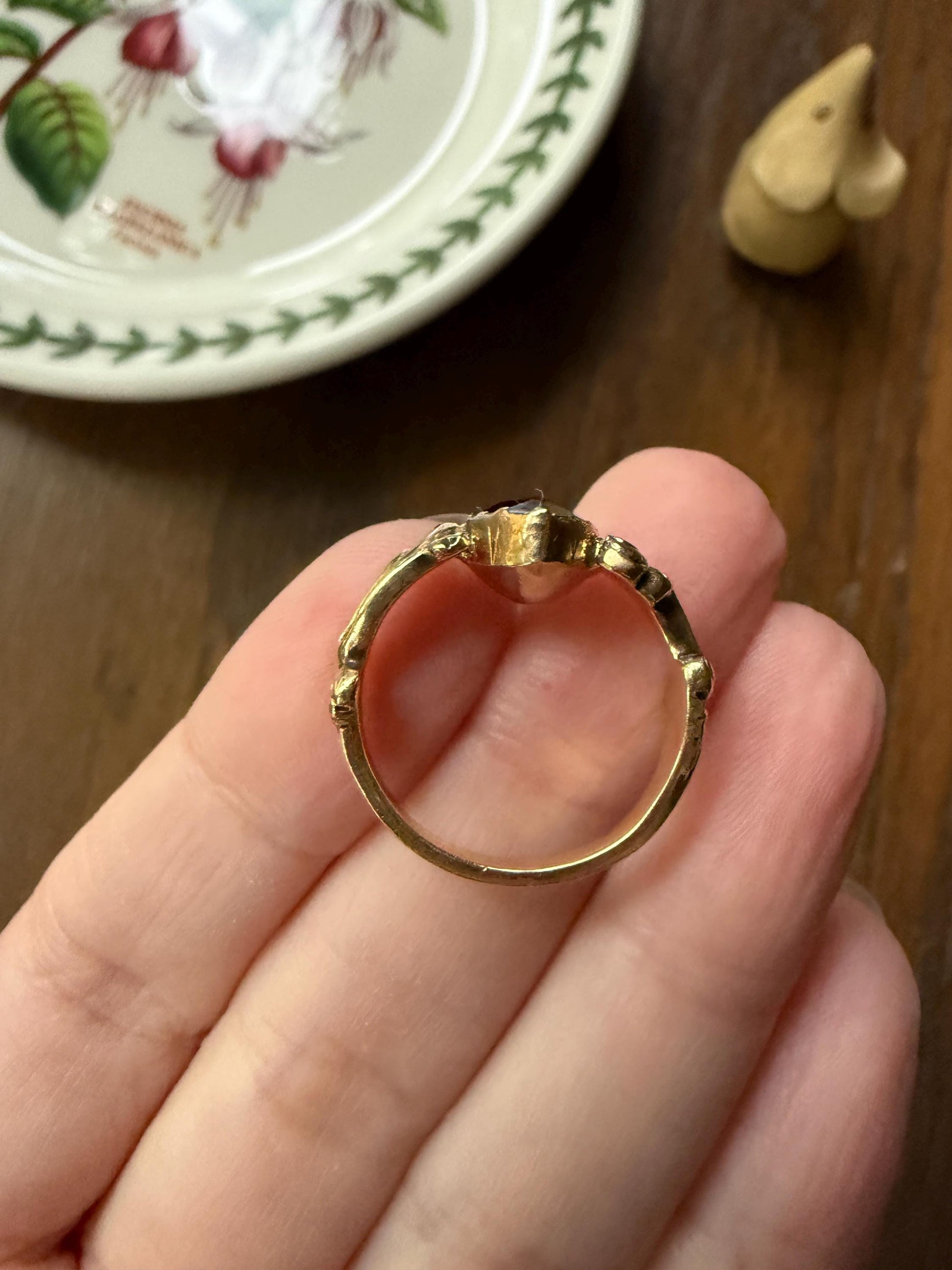 One of a Kind Antique Perpignan Garnet Pear Teardrop Solitaire Ring On Most Ornate Victorian Era Scrolled Band 18k Gold French Crimson Glow