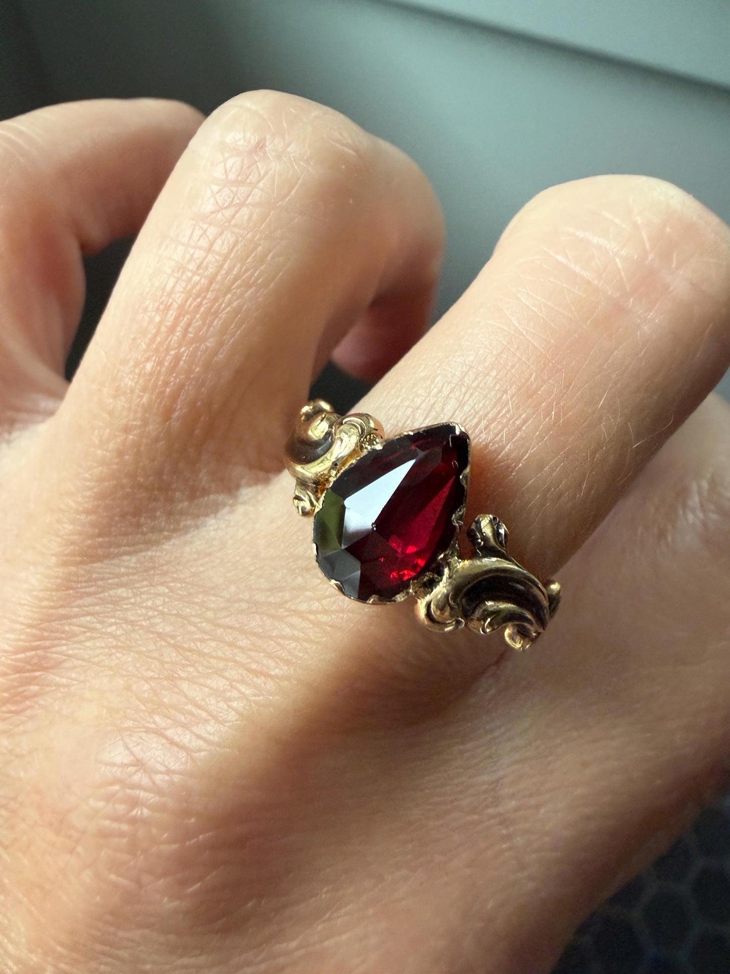One of a Kind Antique Perpignan Garnet Pear Teardrop Solitaire Ring On Most Ornate Victorian Era Scrolled Band 18k Gold French Crimson Glow