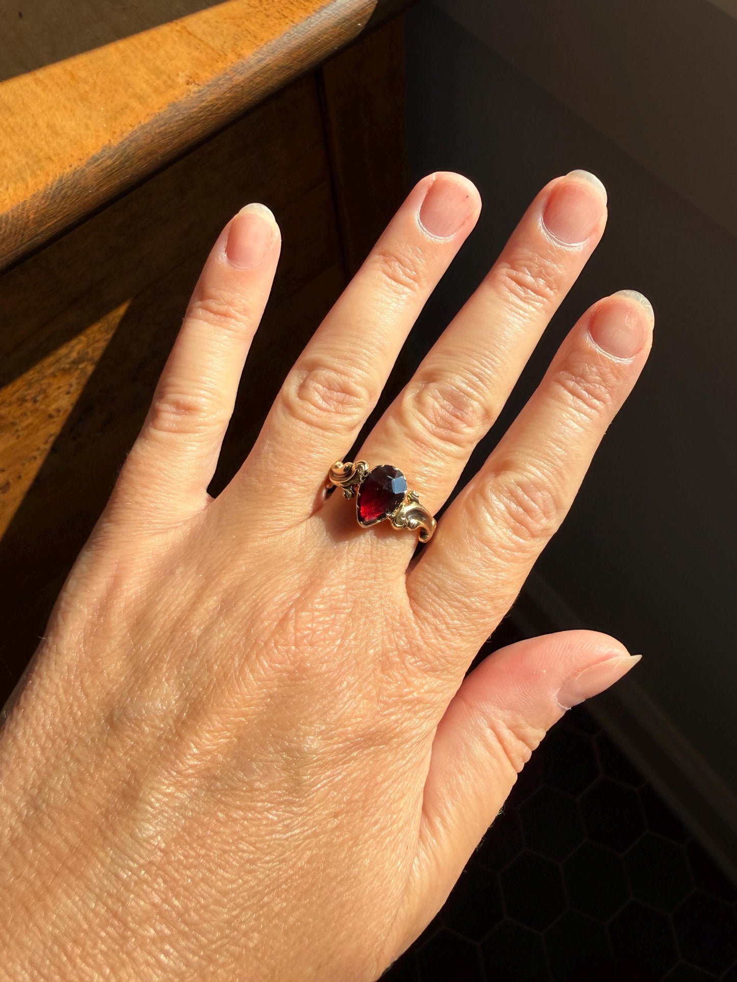 One of a Kind Antique Perpignan Garnet Pear Teardrop Solitaire Ring On Most Ornate Victorian Era Scrolled Band 18k Gold French Crimson Glow