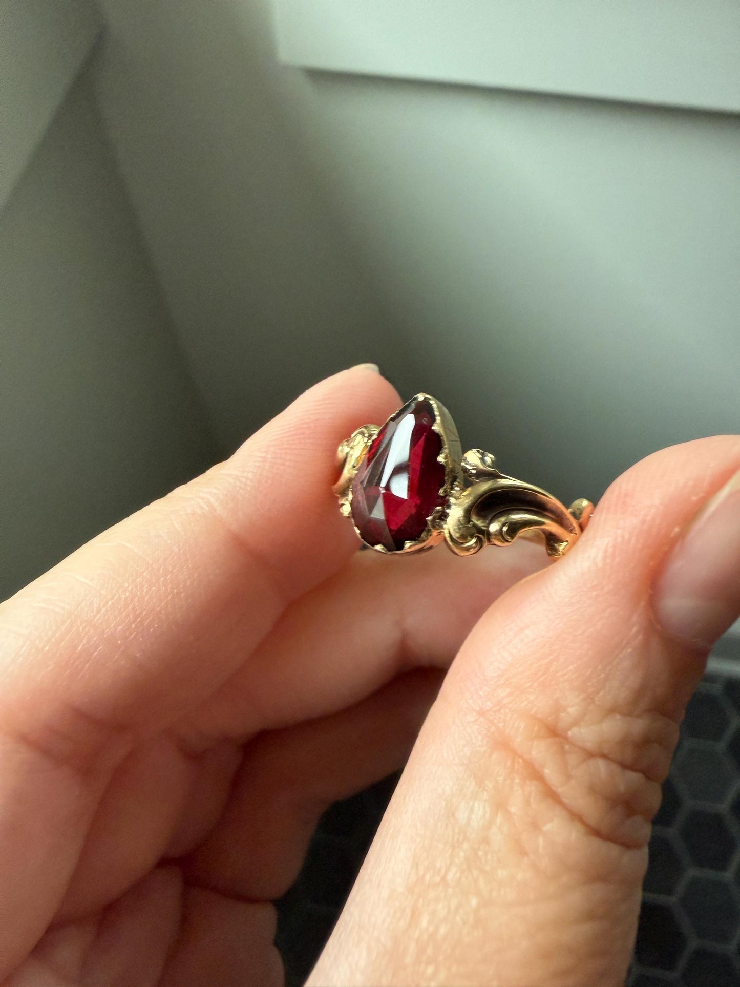 One of a Kind Antique Perpignan Garnet Pear Teardrop Solitaire Ring On Most Ornate Victorian Era Scrolled Band 18k Gold French Crimson Glow