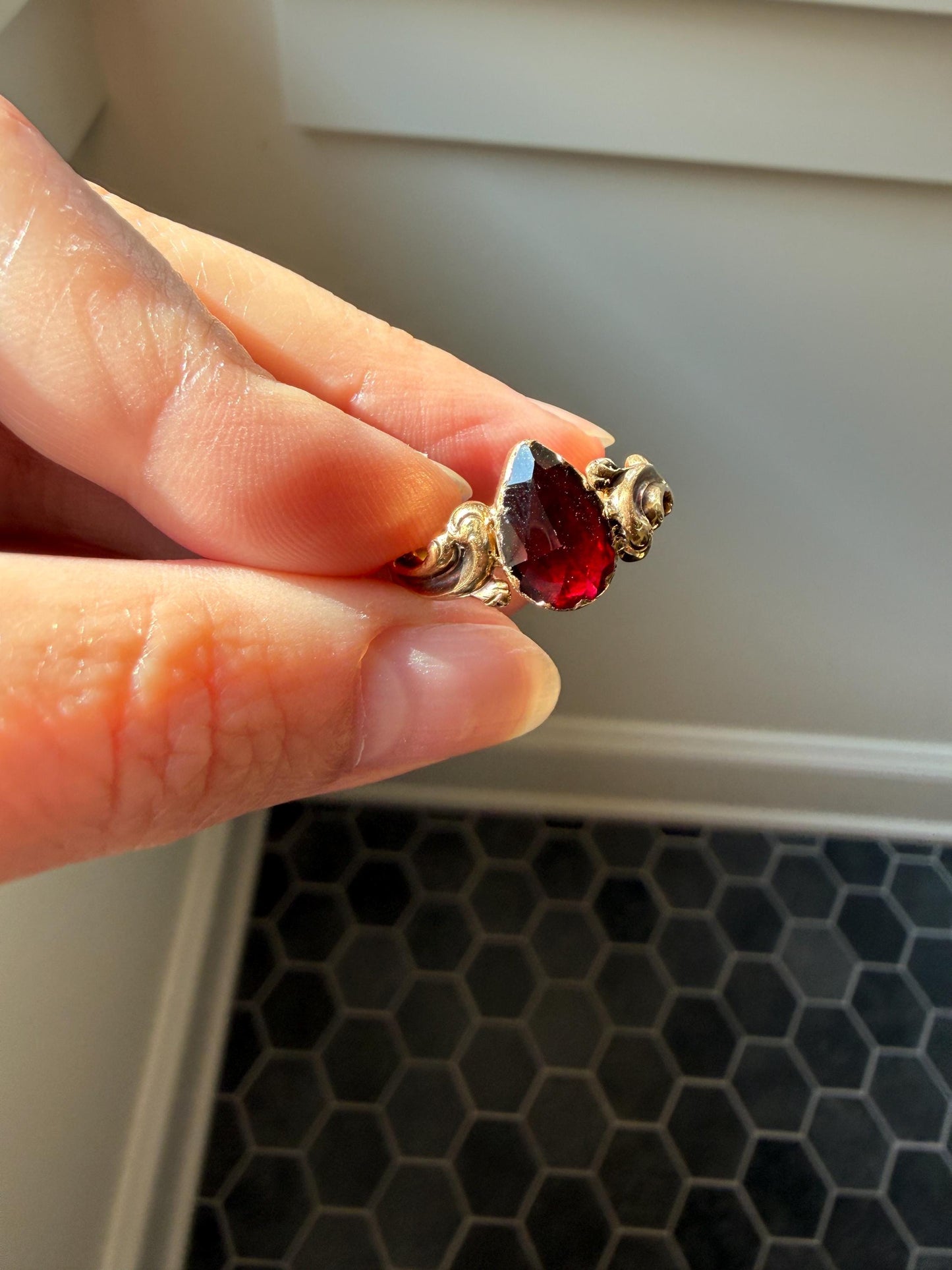 One of a Kind Antique Perpignan Garnet Pear Teardrop Solitaire Ring On Most Ornate Victorian Era Scrolled Band 18k Gold French Crimson Glow
