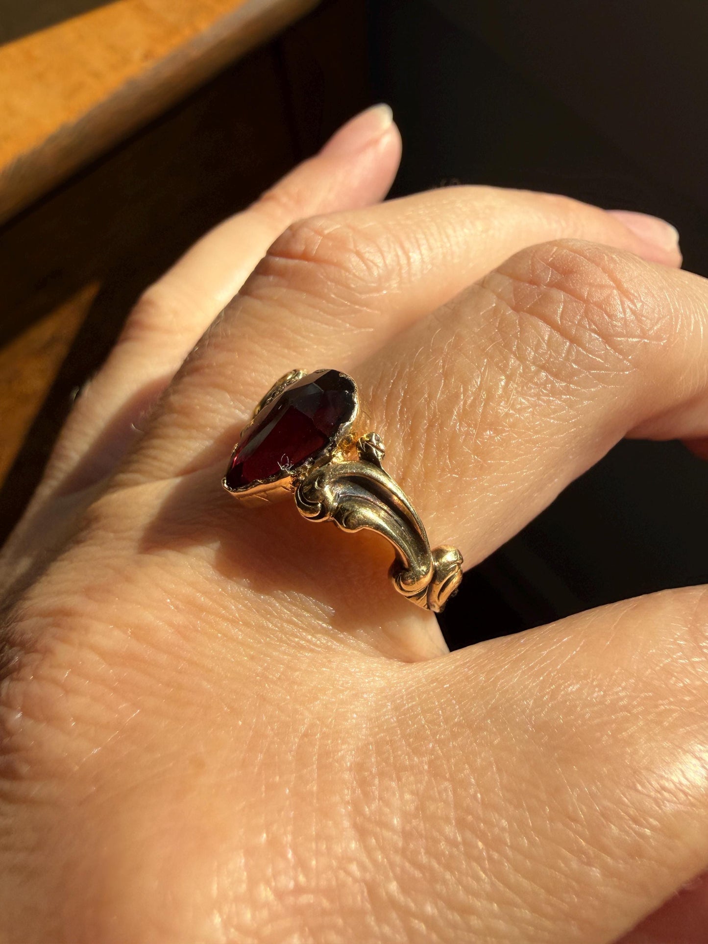 One of a Kind Antique Perpignan Garnet Pear Teardrop Solitaire Ring On Most Ornate Victorian Era Scrolled Band 18k Gold French Crimson Glow