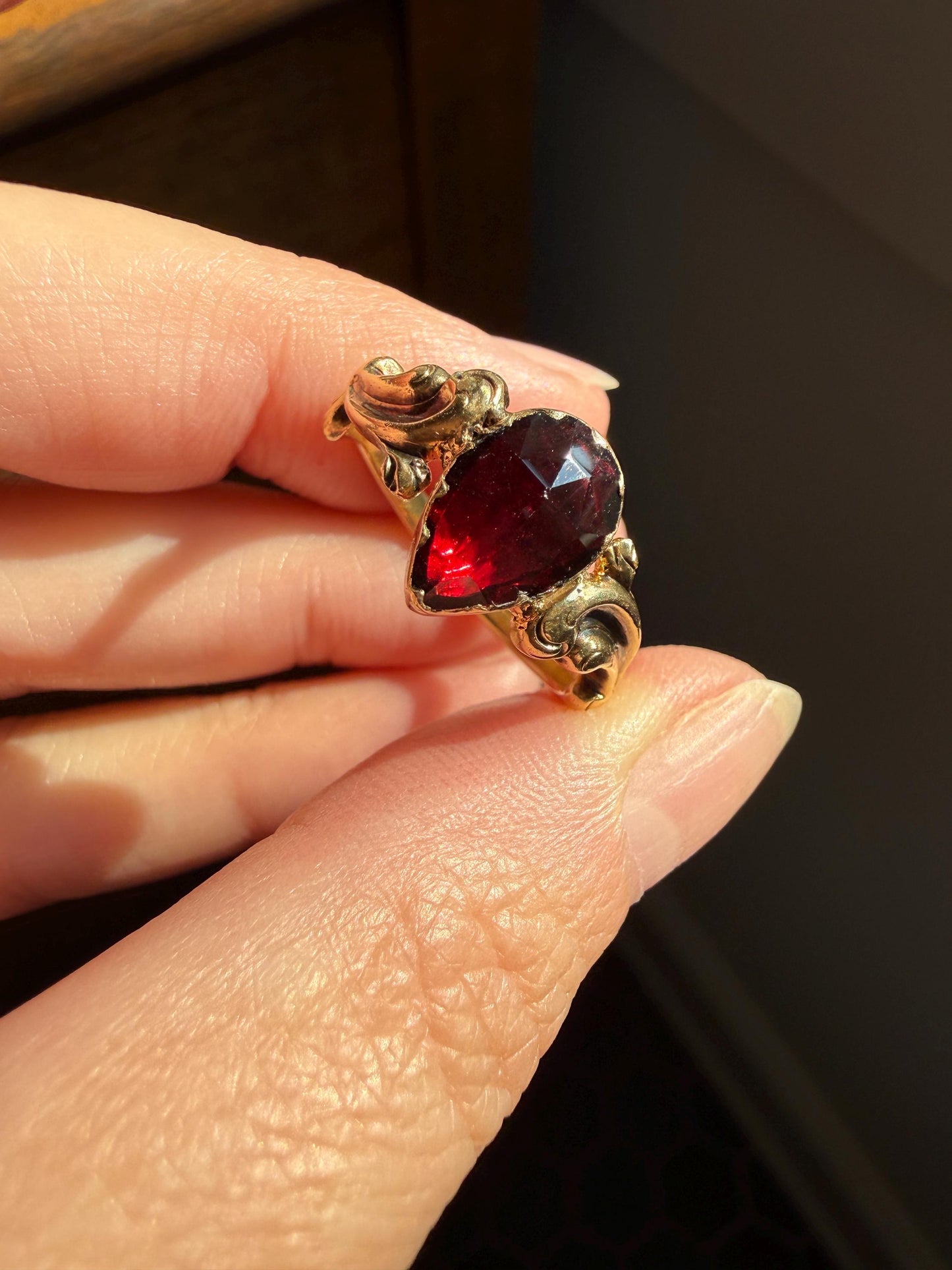 One of a Kind Antique Perpignan Garnet Pear Teardrop Solitaire Ring On Most Ornate Victorian Era Scrolled Band 18k Gold French Crimson Glow